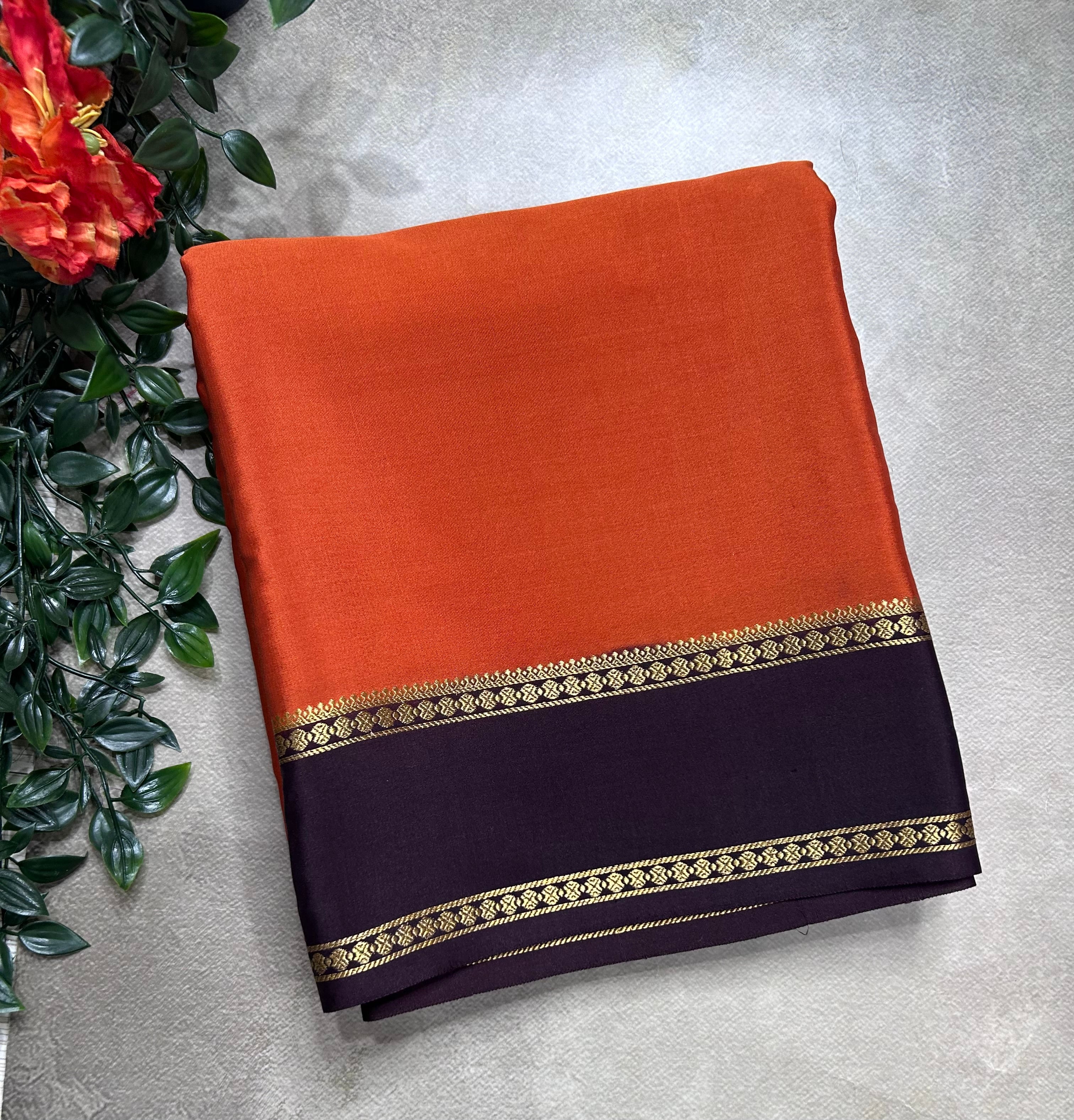 Rust orange n brown plain bentex border pure mysore silk saree(BMS105)