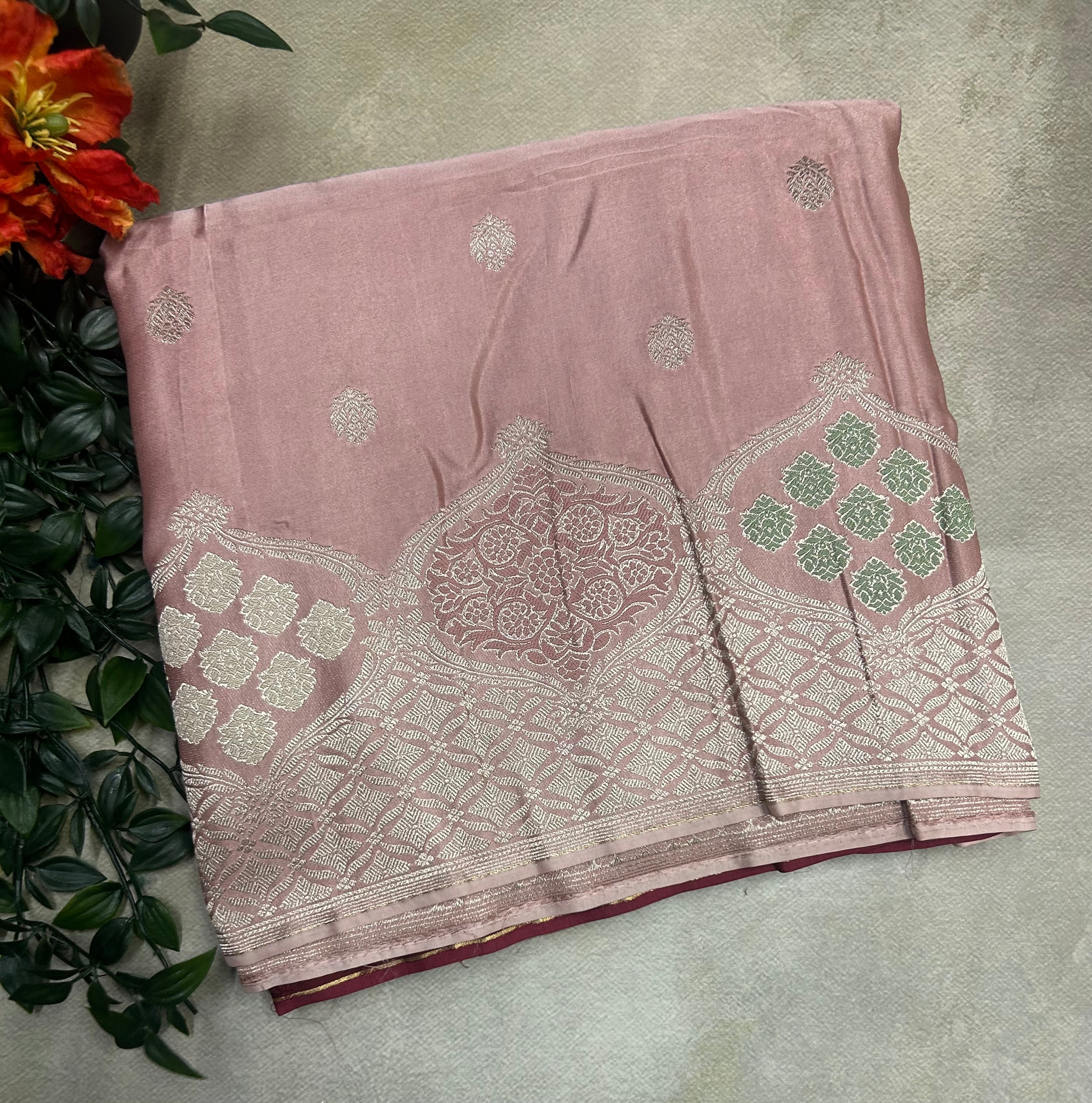 Pastel pink silver zari satin crepe saree