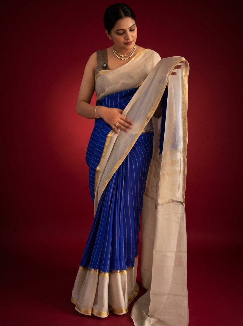 Royal blue n grey pure wrinkle crepe silk saree