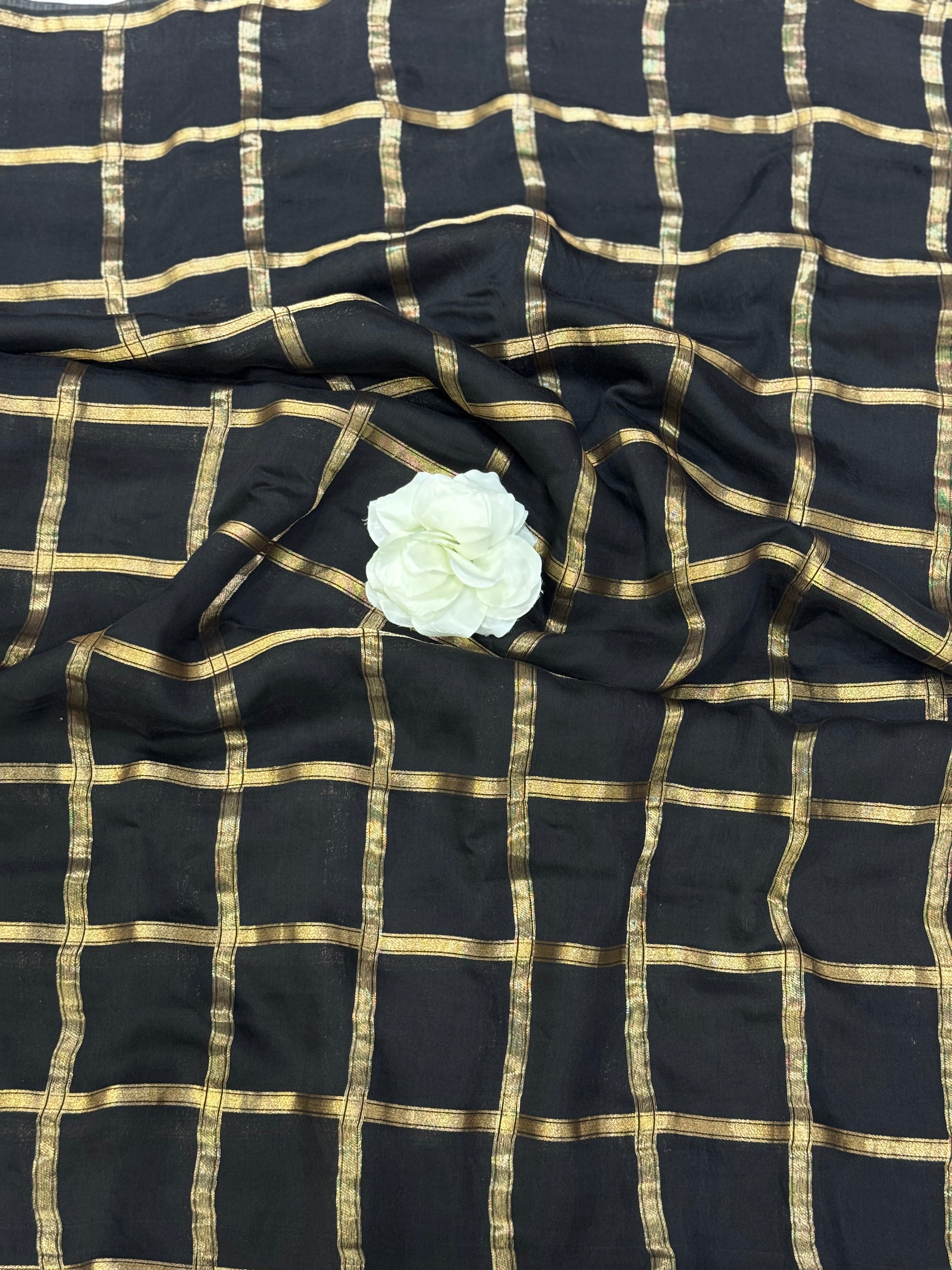 Black soft tussar crepe checks  saree