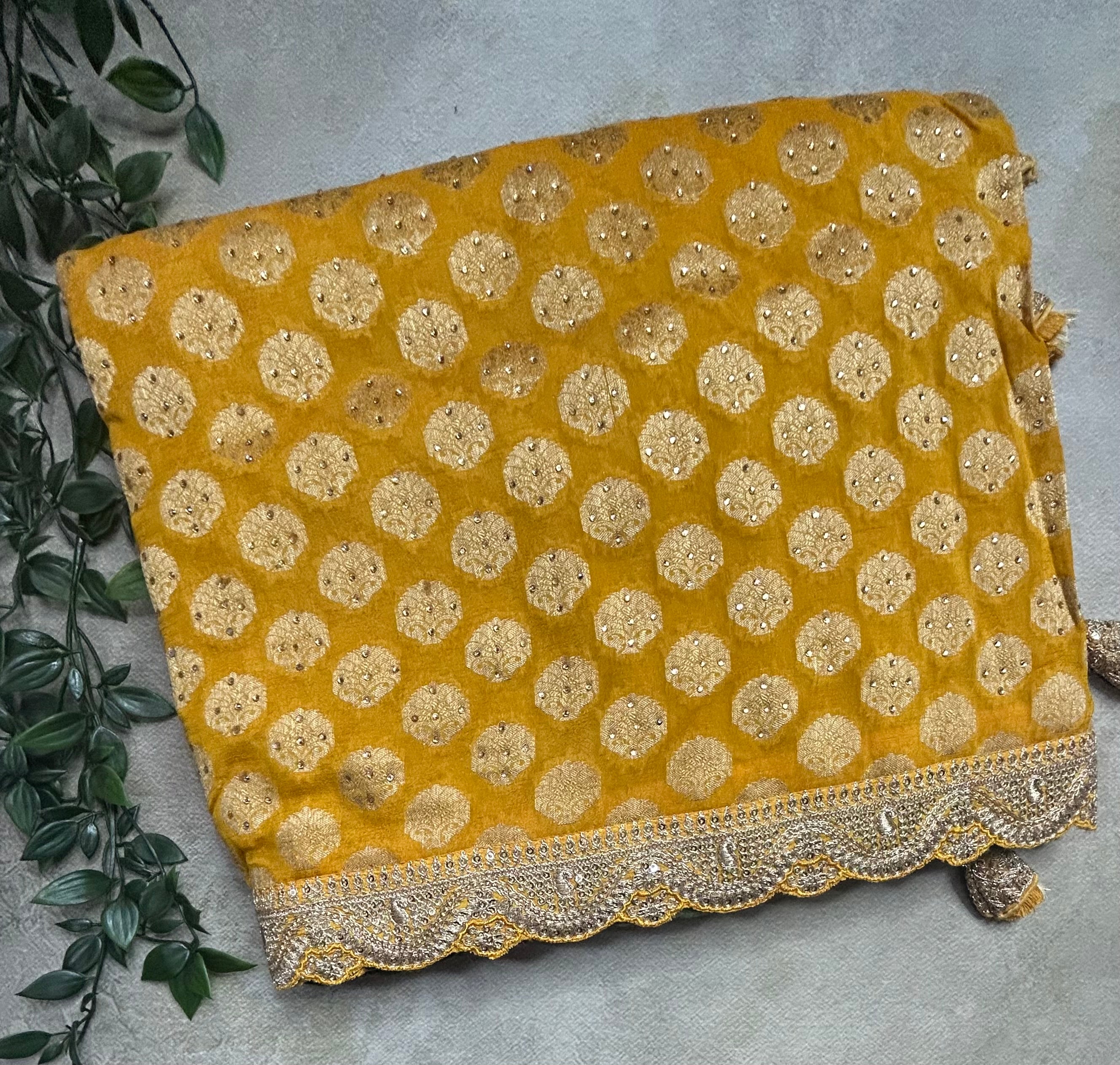 Mustard yellow small Butta brocade party wear scallop border saree