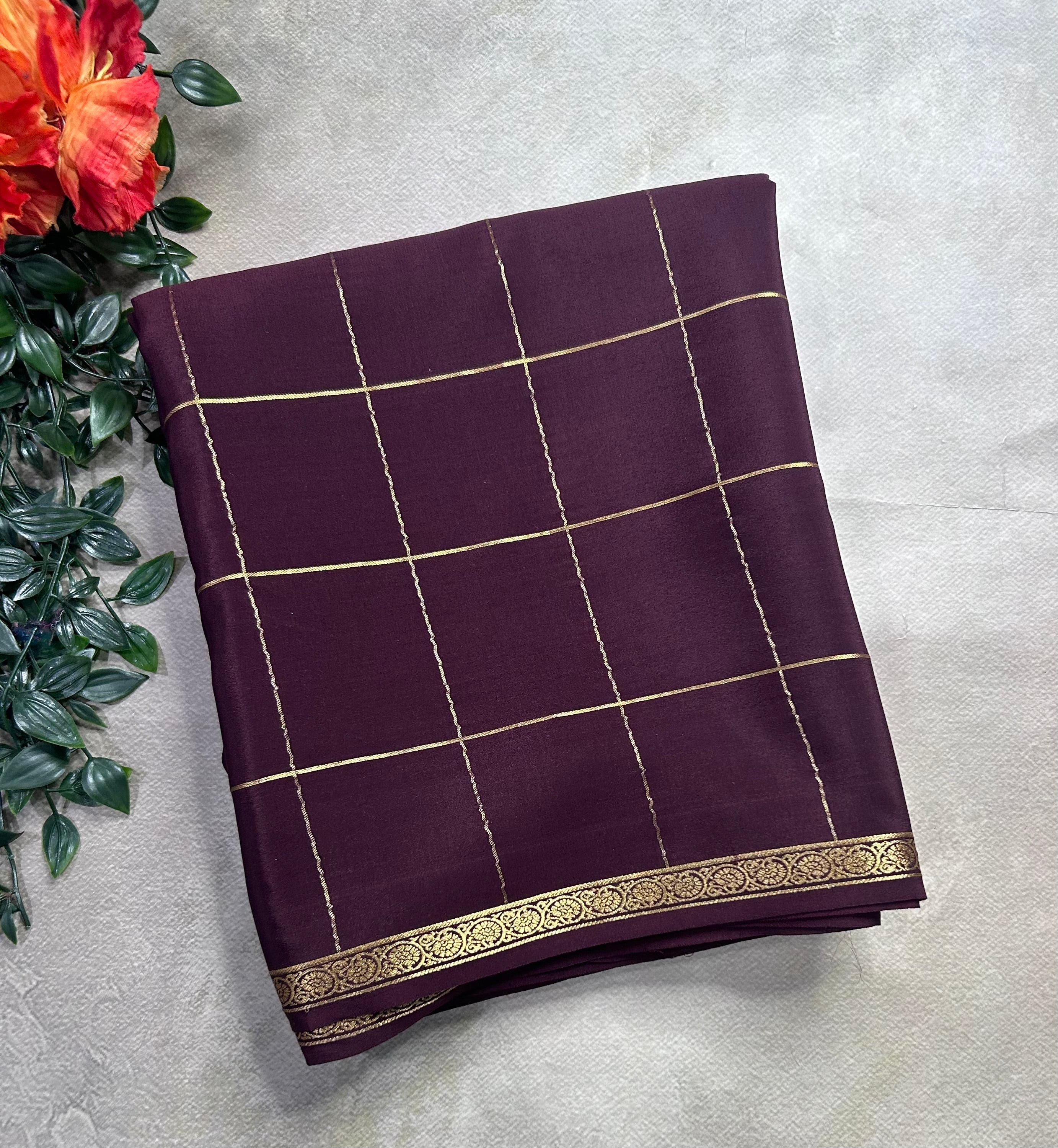 Brown big checks pure Mysore silk 106 saree