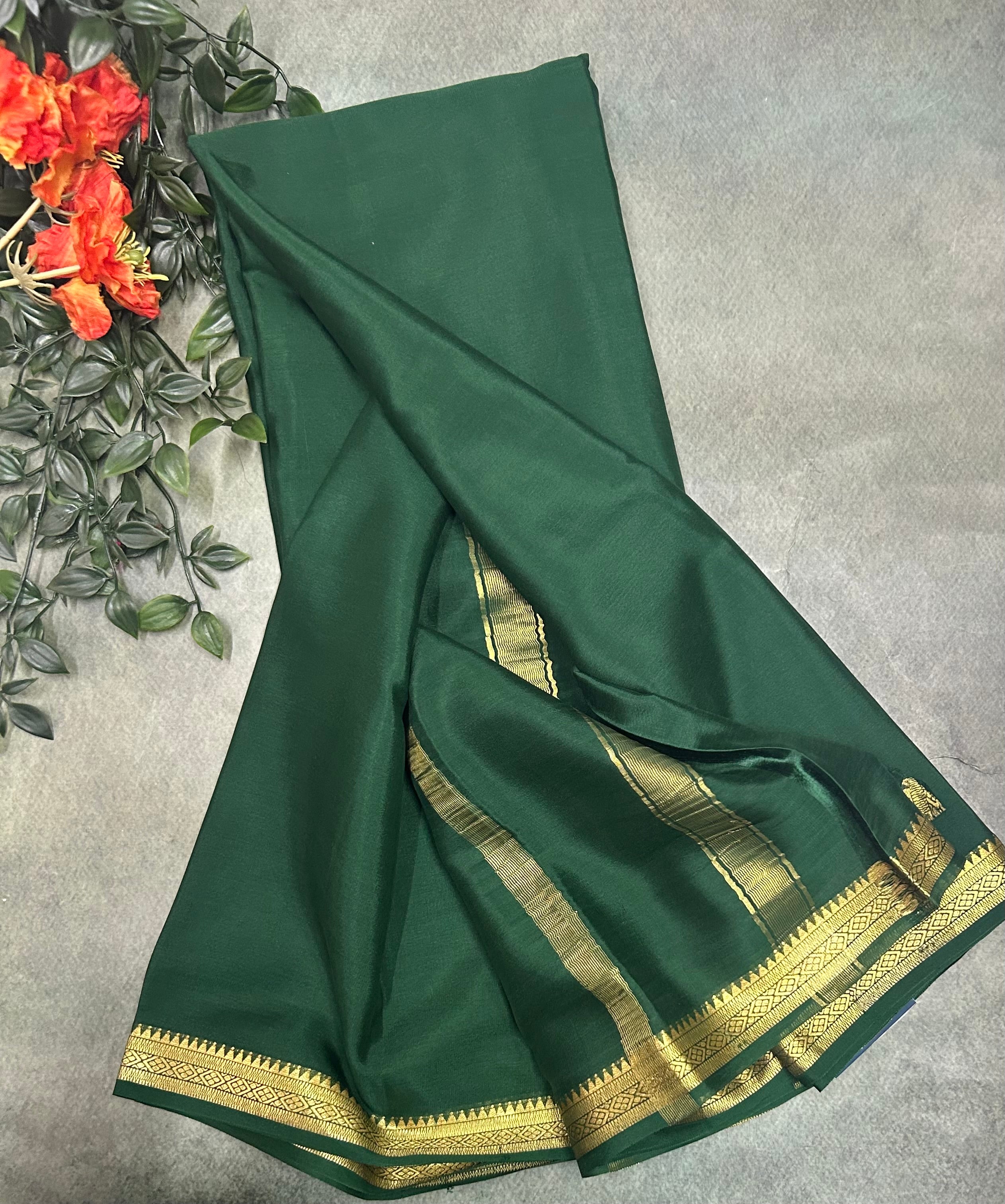Bottle green  pure Mysore crepe silk saree