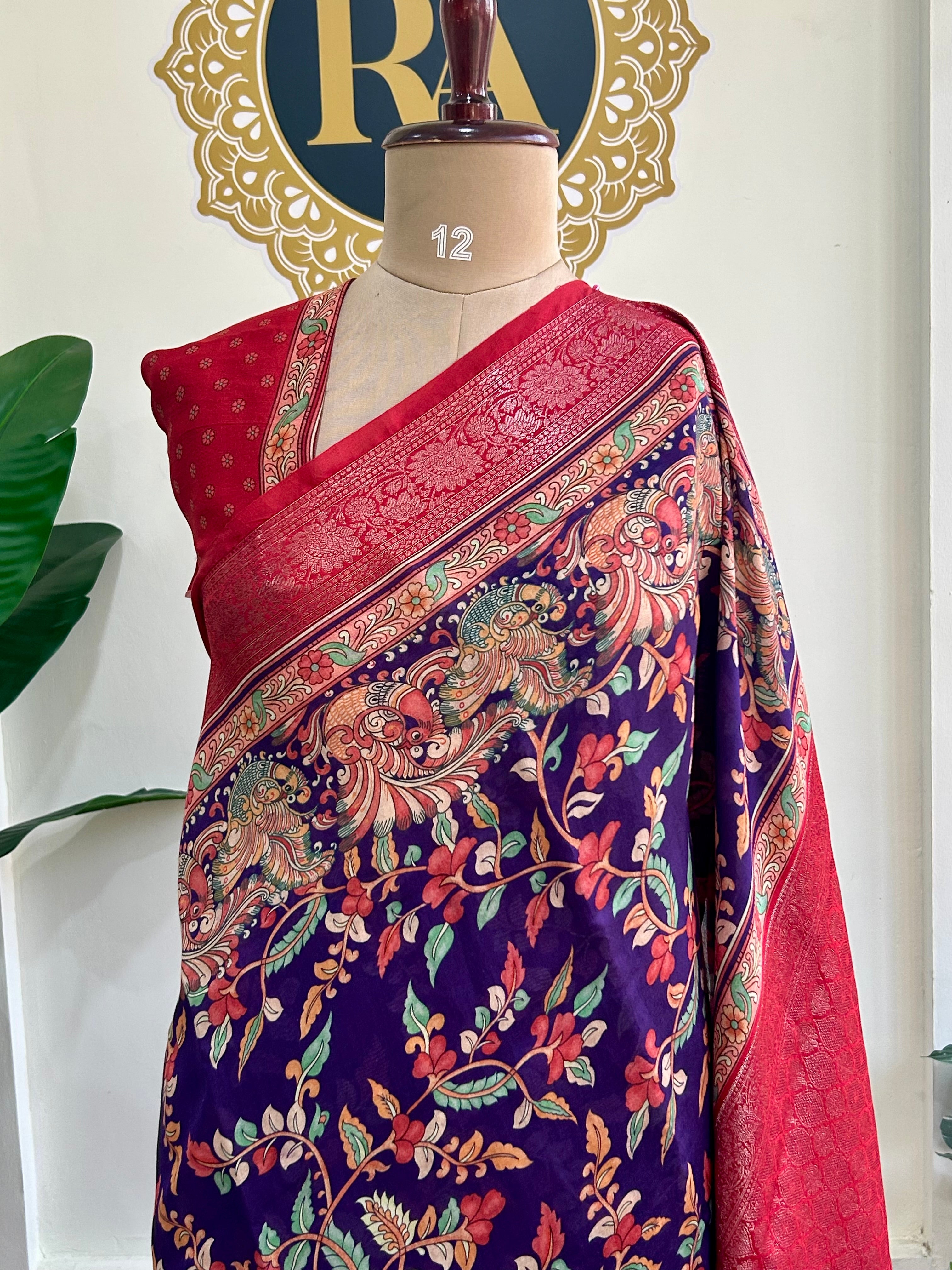 Purple n red bb kalamkari Chanderi saree