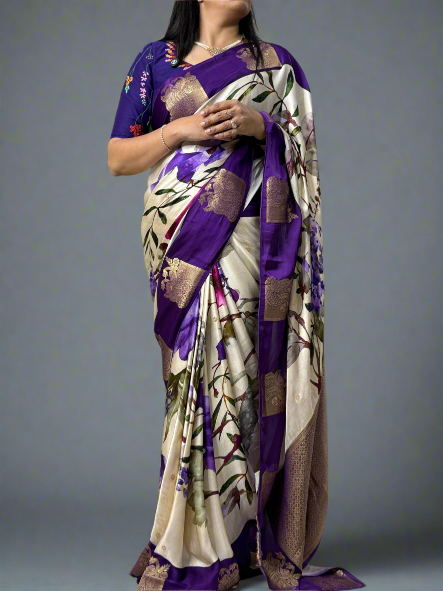 Elegant Cream Satin Digital Print Saree with Rich Purple Border – Premium Party & Festive Wear ,satin digital print-09 (RR)