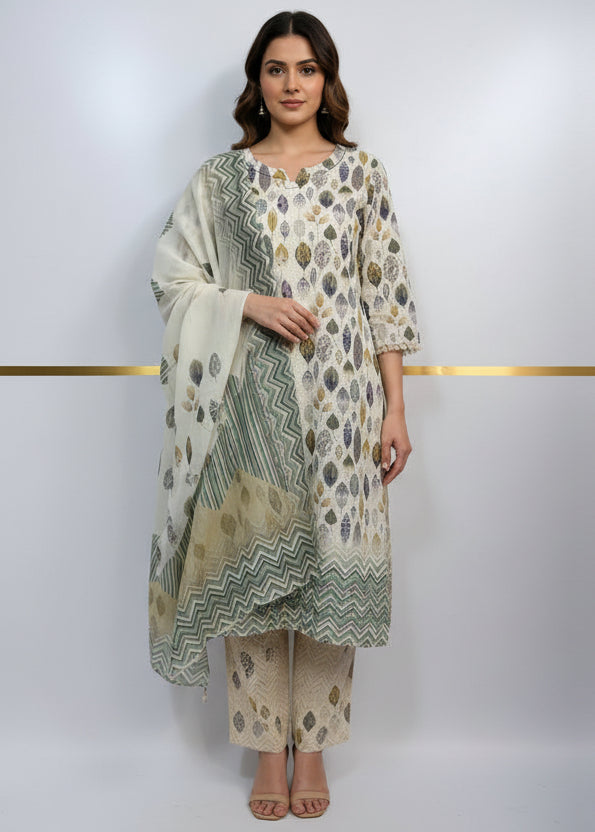 White Cotton Block Print Straight Fit Kurtha