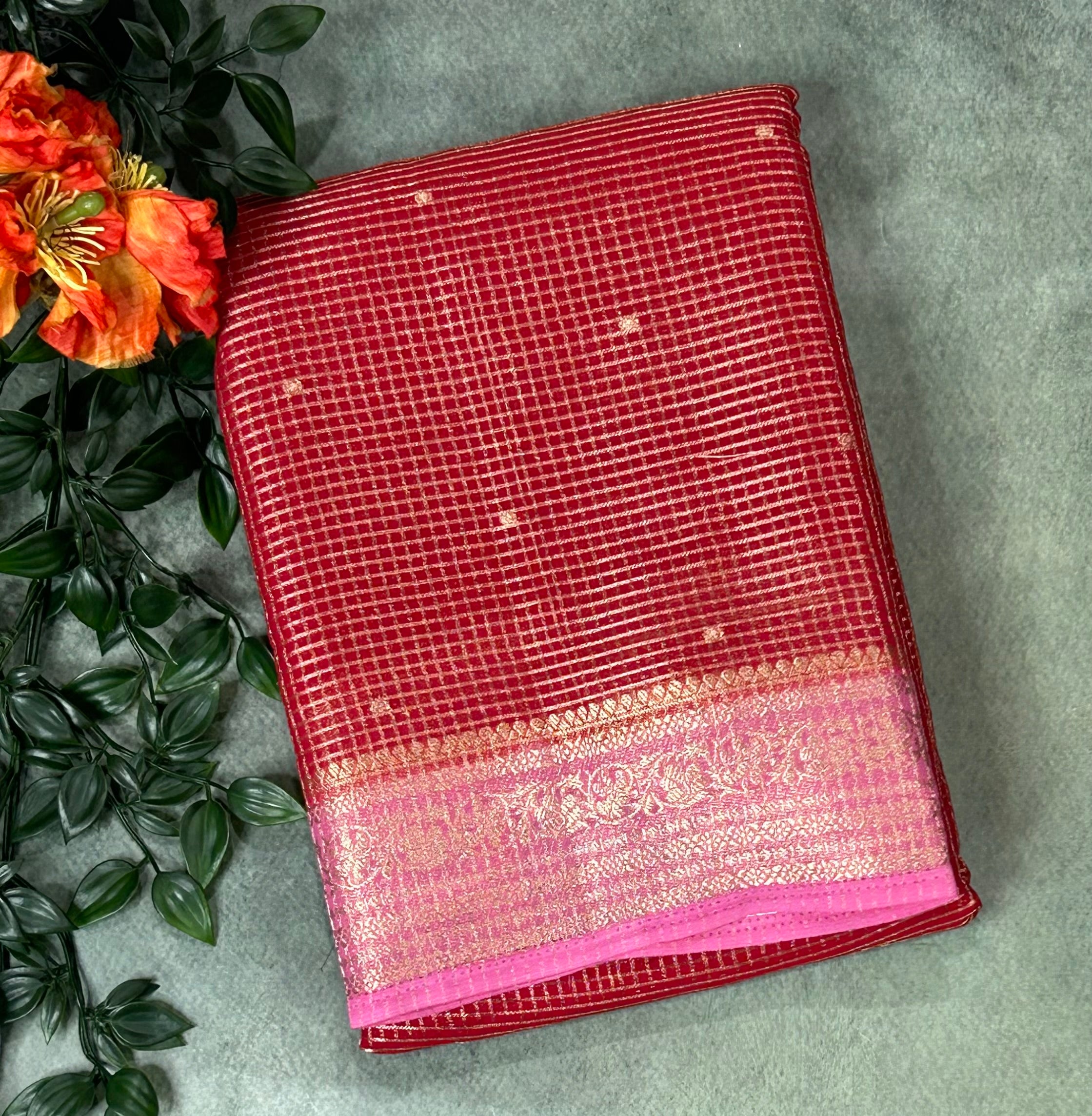 Red small checks semi mysore crepe-12 saree