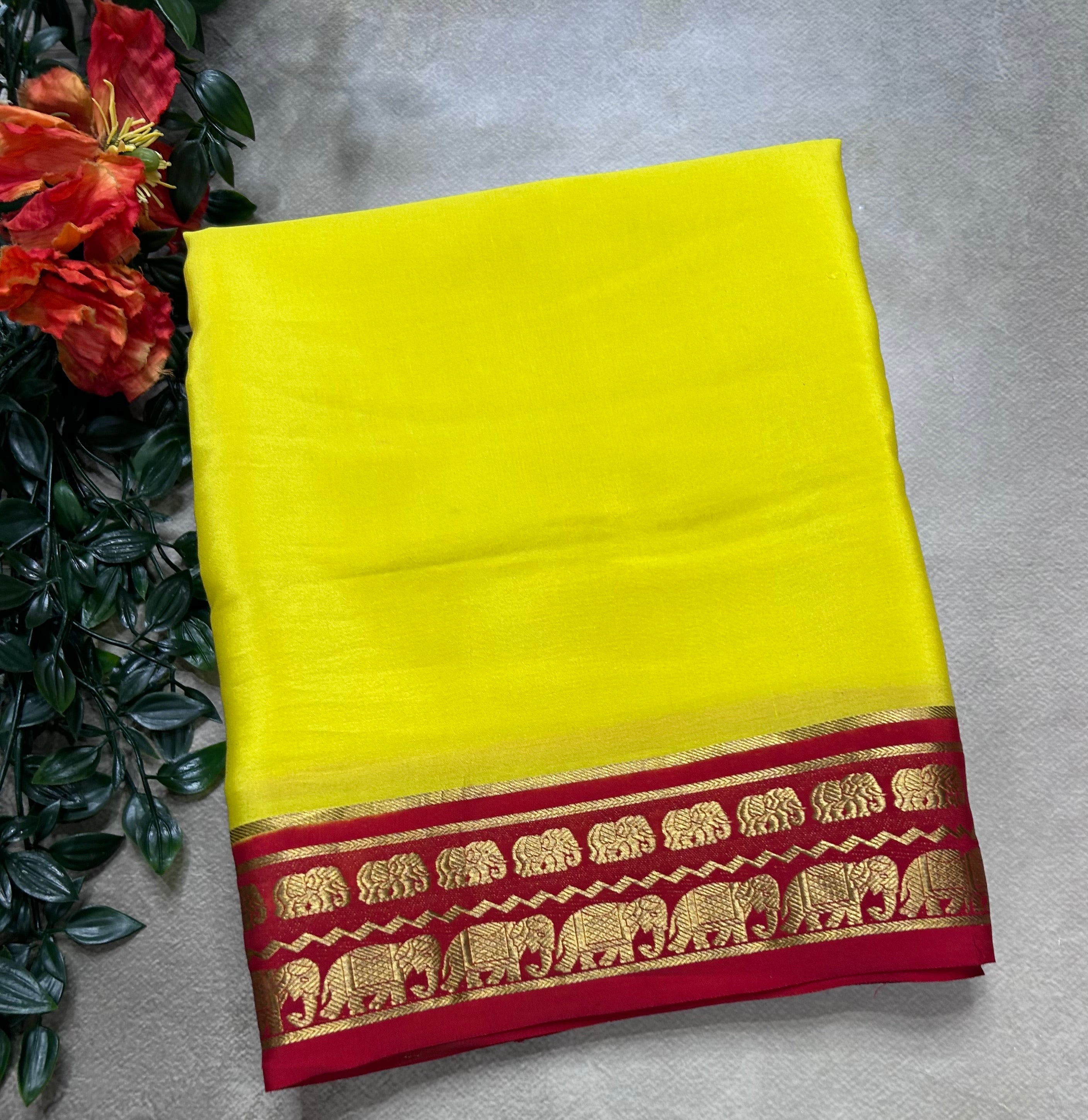 Yellow elephant small border pure mysore silk saree(YMS106)