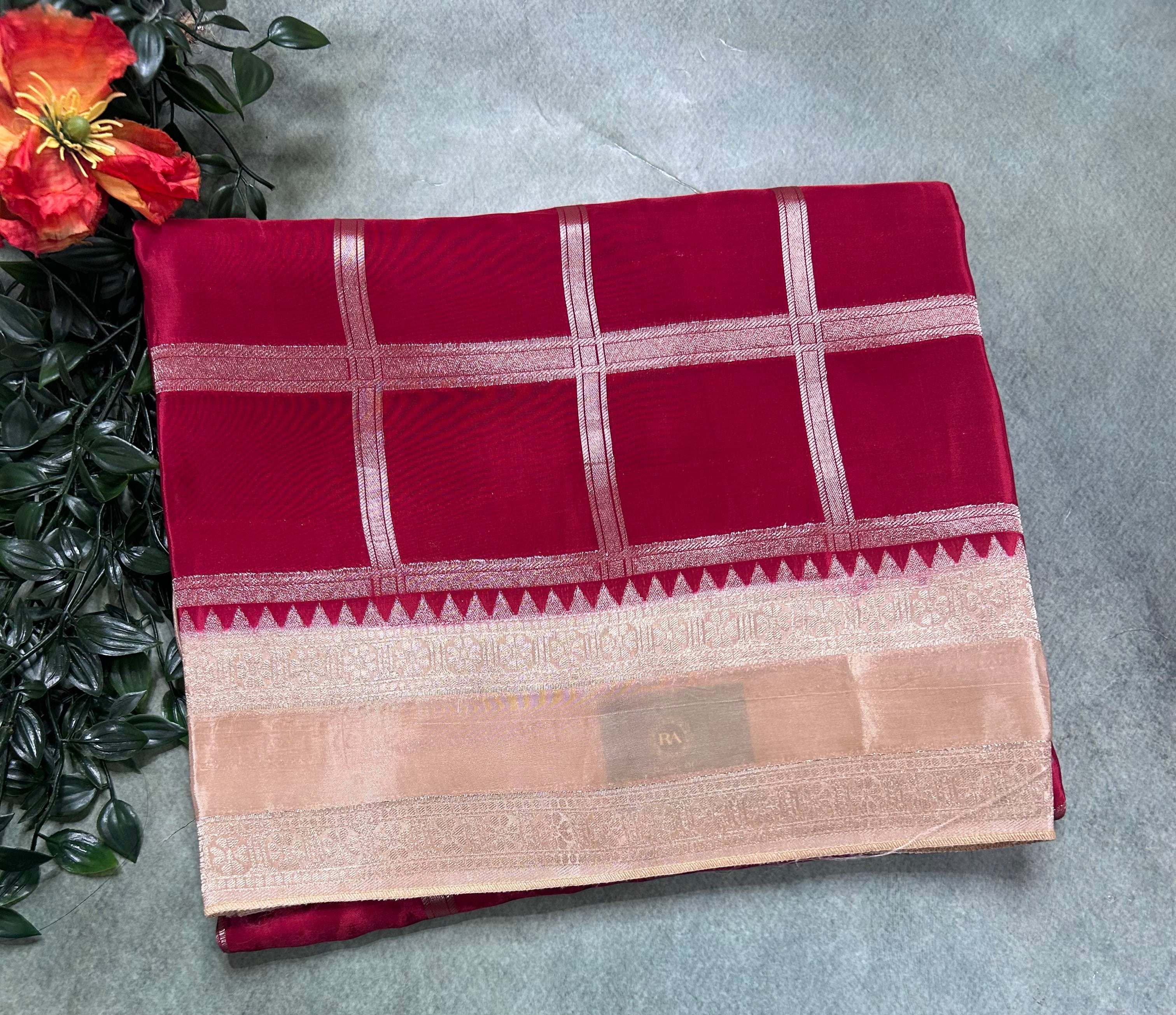Red checks n bentex border semi crepe 106 saree