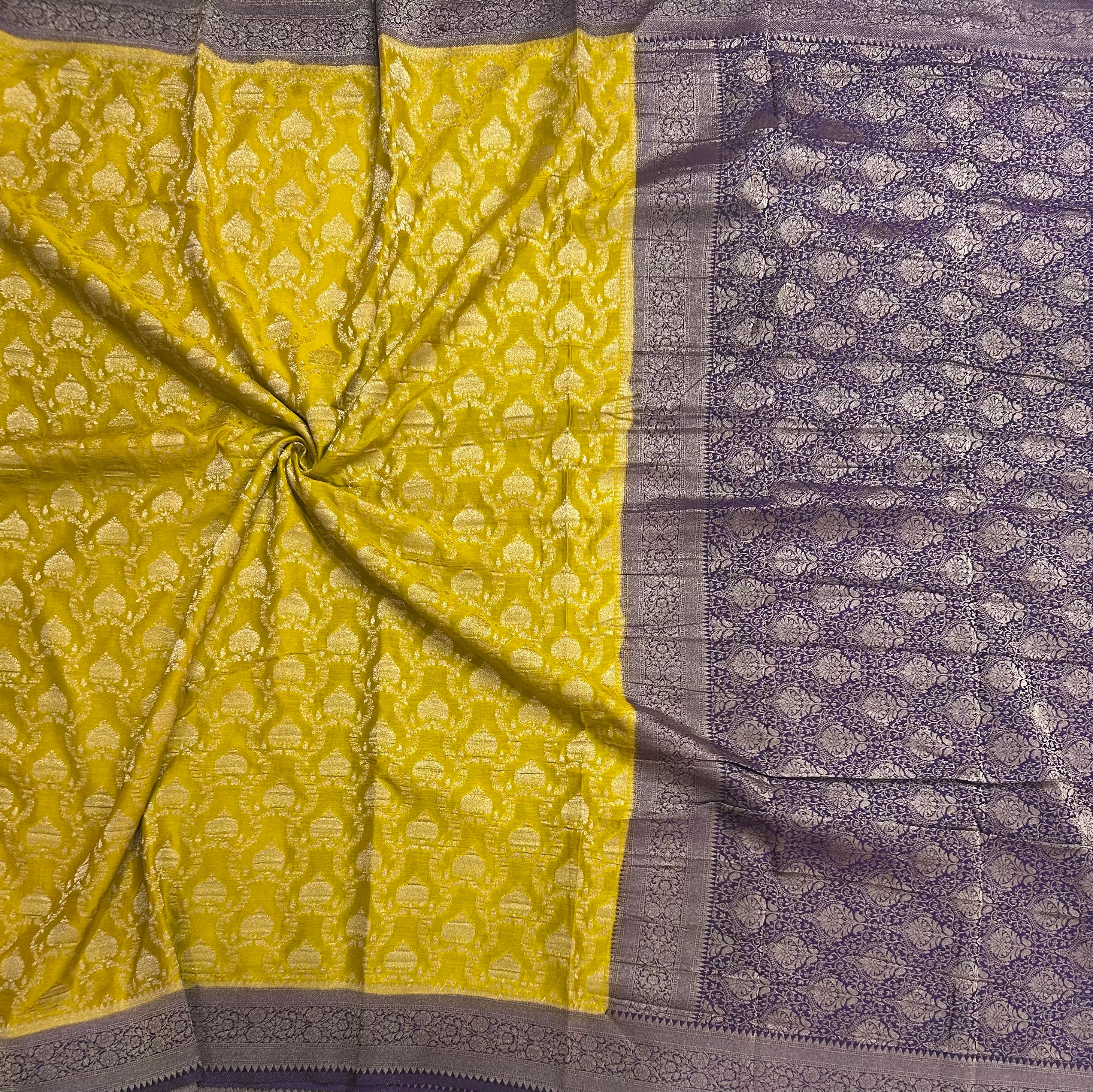 Mustard yellow contrast Jaal brocade semi georgette 104 saree