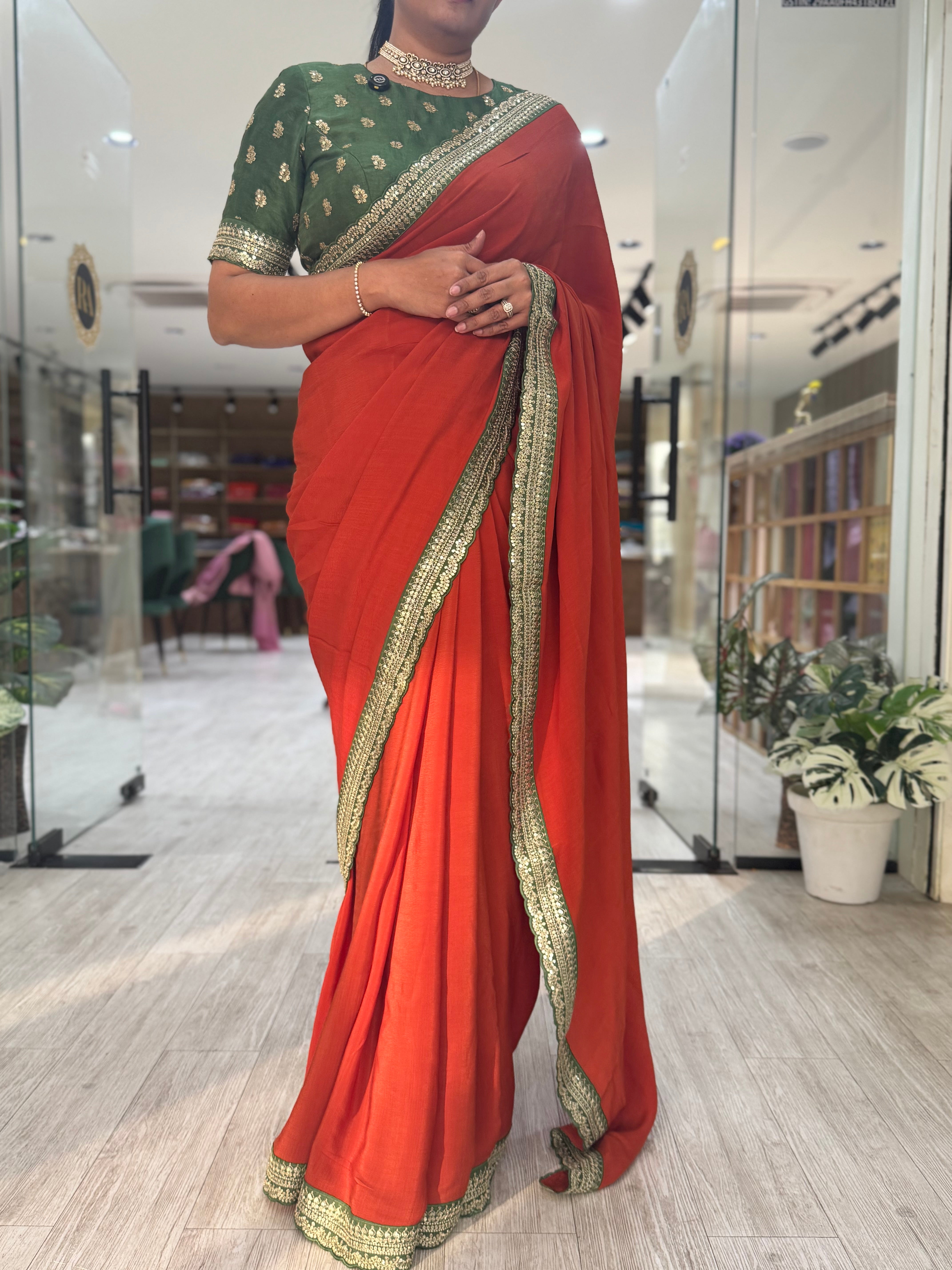 Rust Orange green crepe silk-101