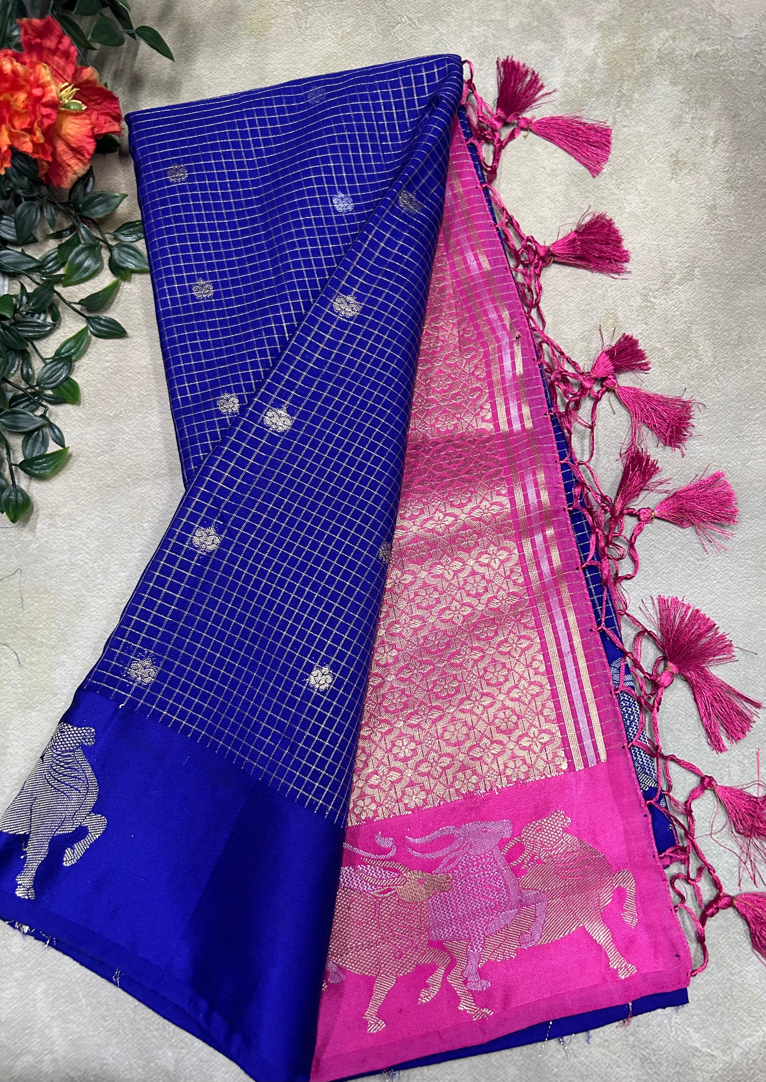 Royal blue small checks semi Mysore crepe saree(SMC106)