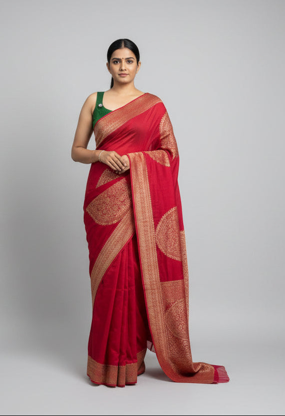 Red big Butta Banarasi pure crepe saree -101