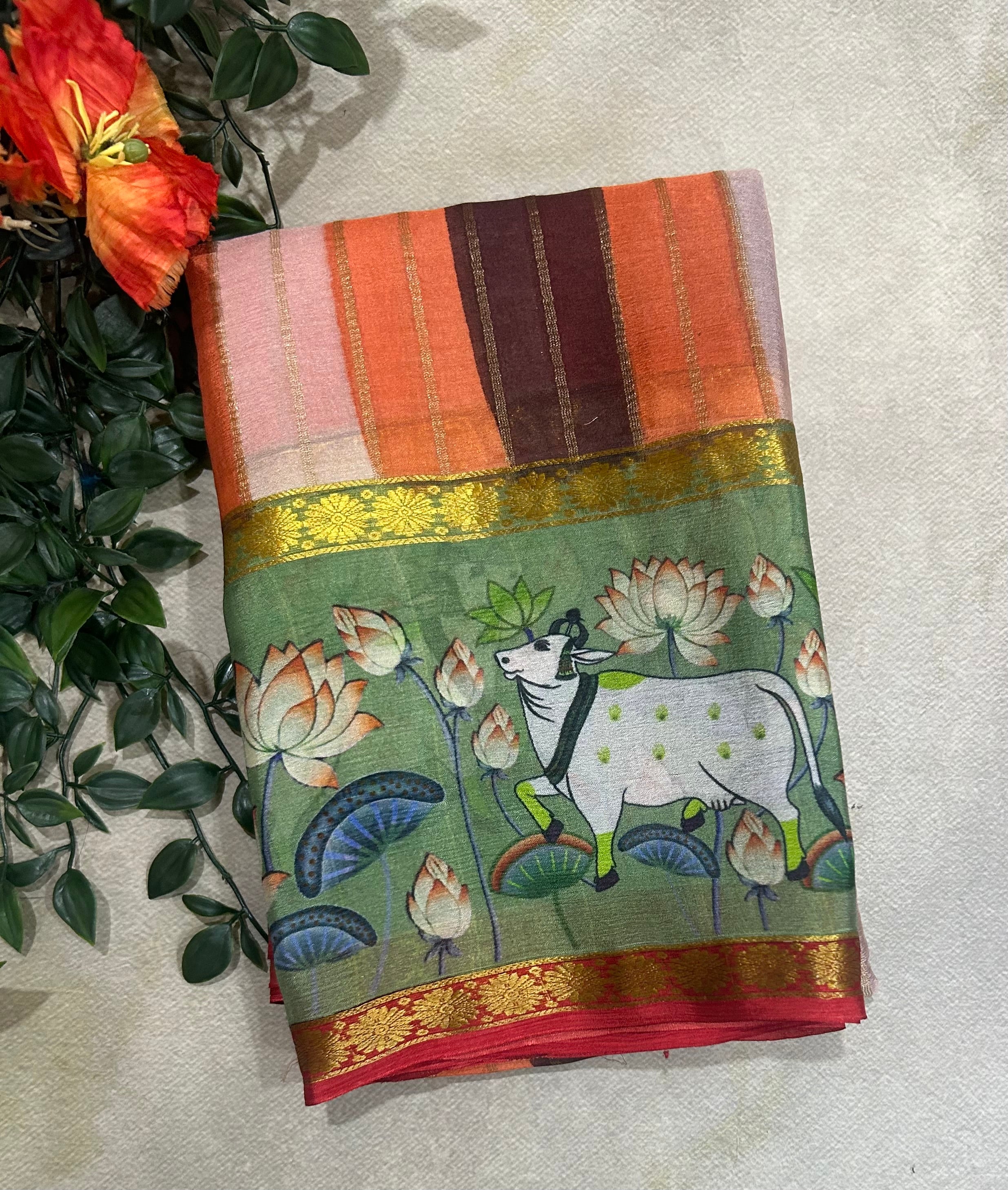 Rankart kalamkari border pure wrinkle 103 crepe silk saree