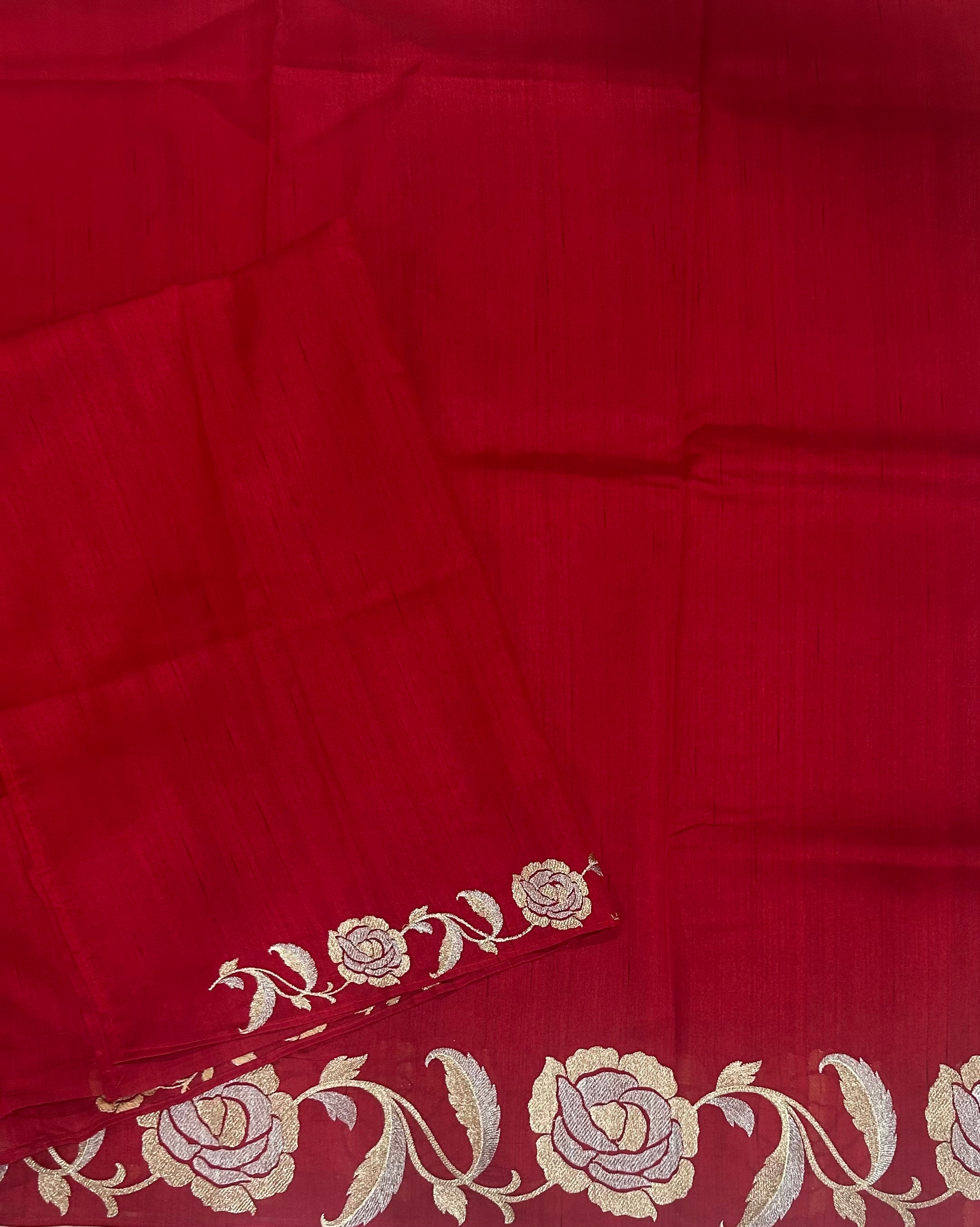 Red plain embroidery work border semi Tussar saree