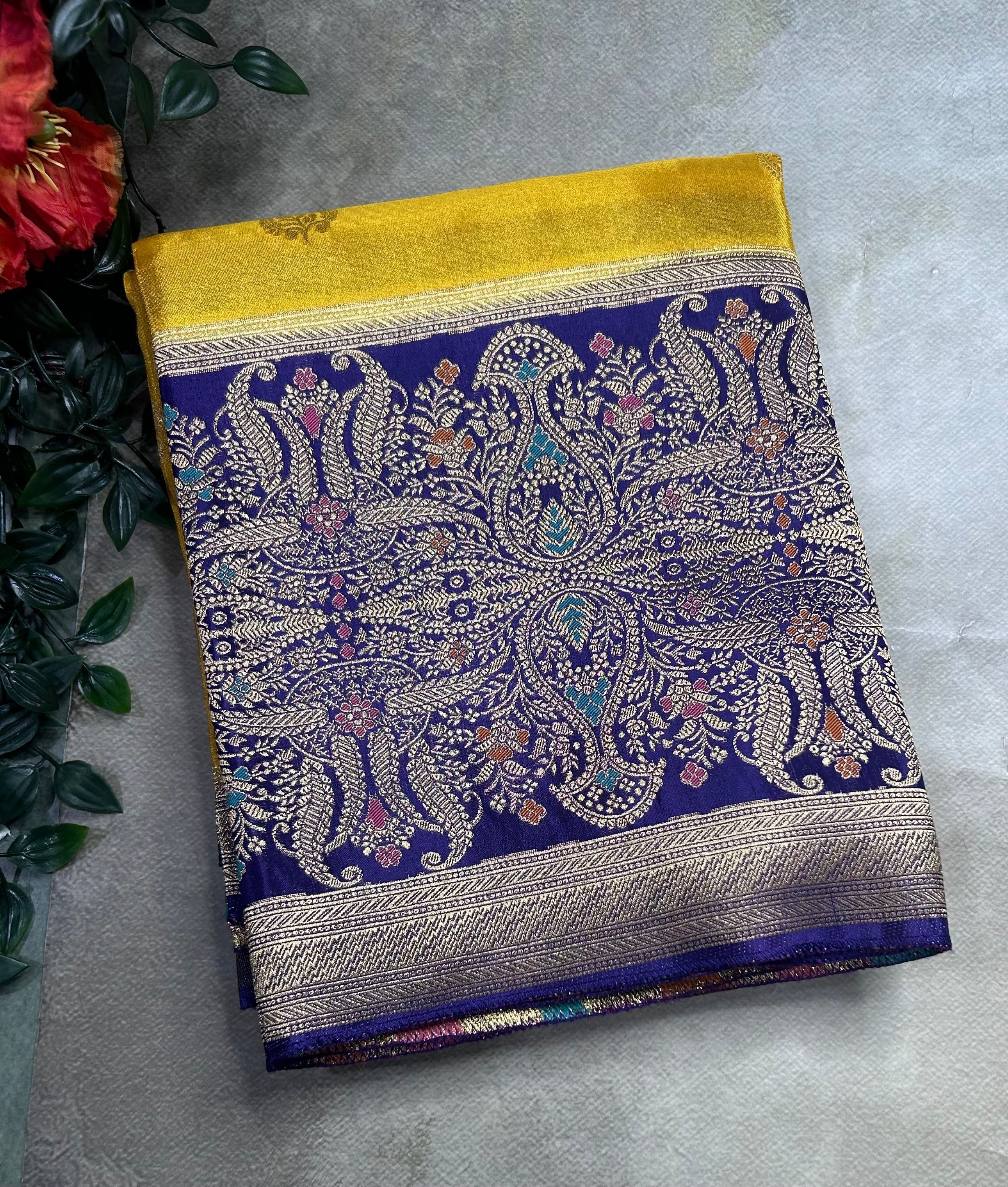 Yellow contrast long border soft semi tissue crepe 106 saree
