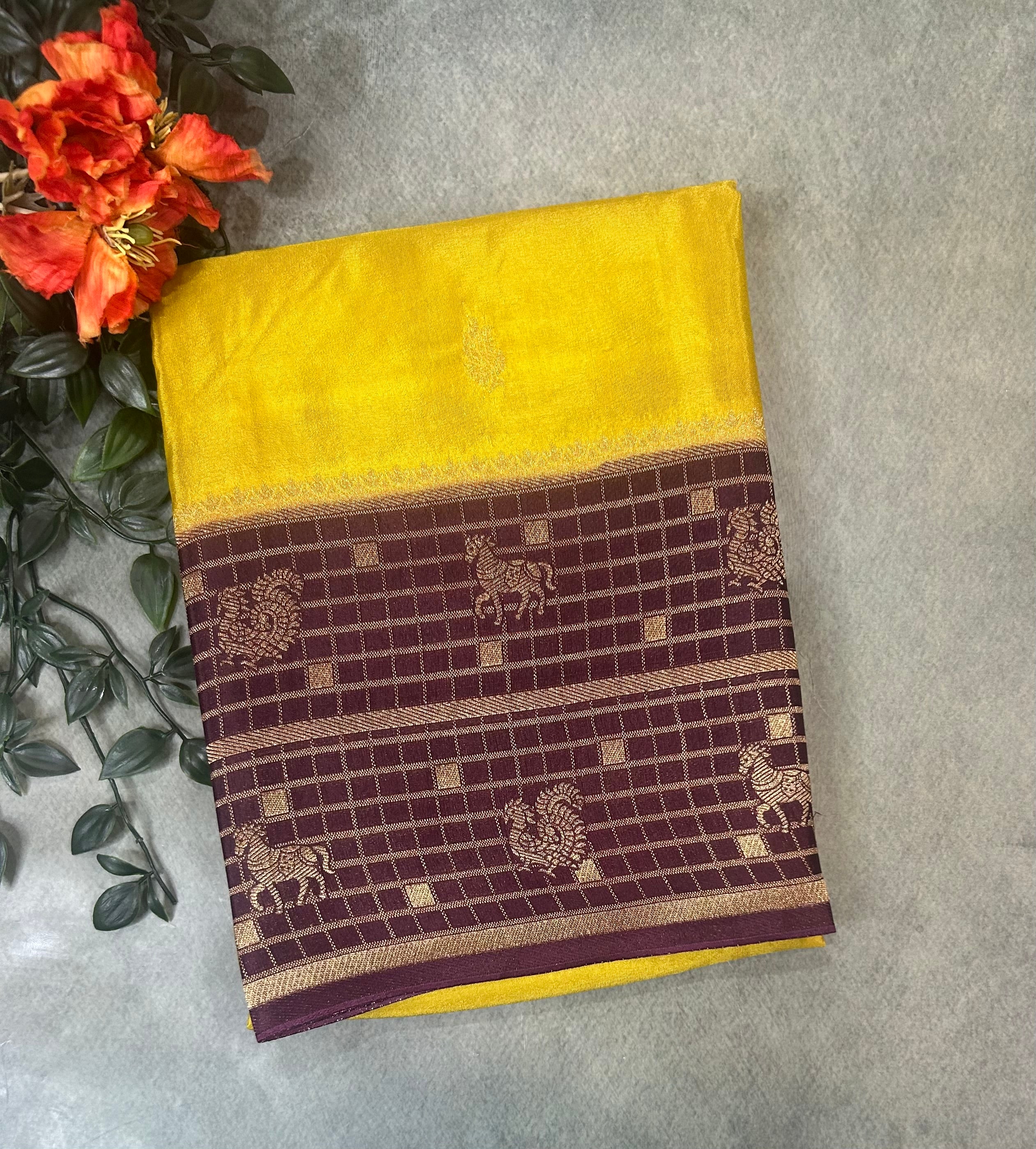 Yellow Checks border semi Mysore 104 saree