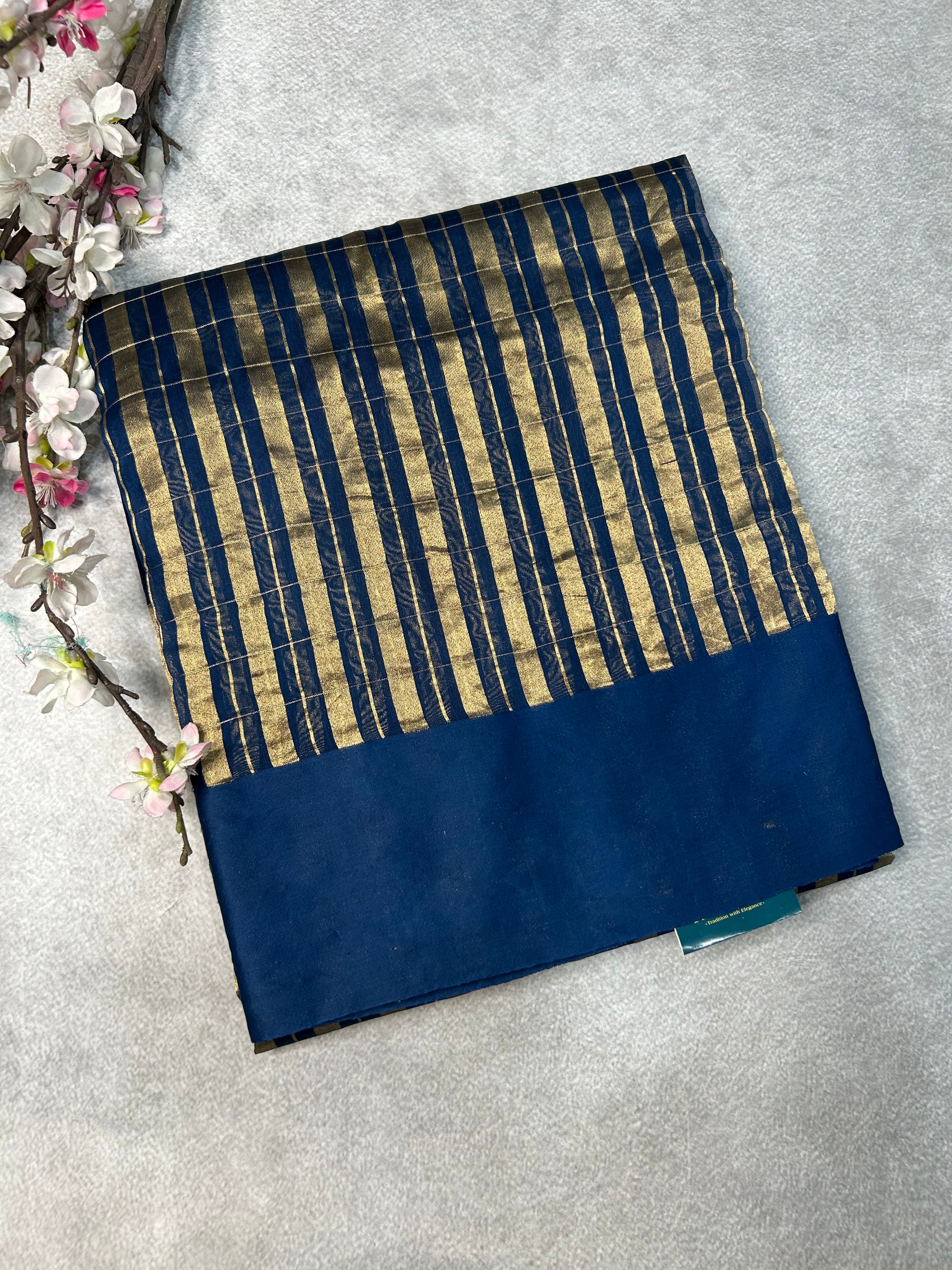 Blue pure tissue stirpes satin border saree 101