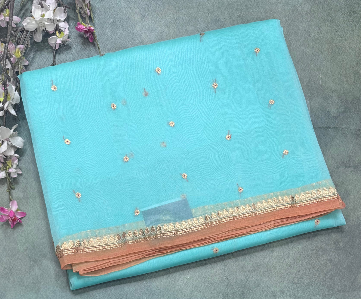 Distemper blue pure Kora Organza Saree 111