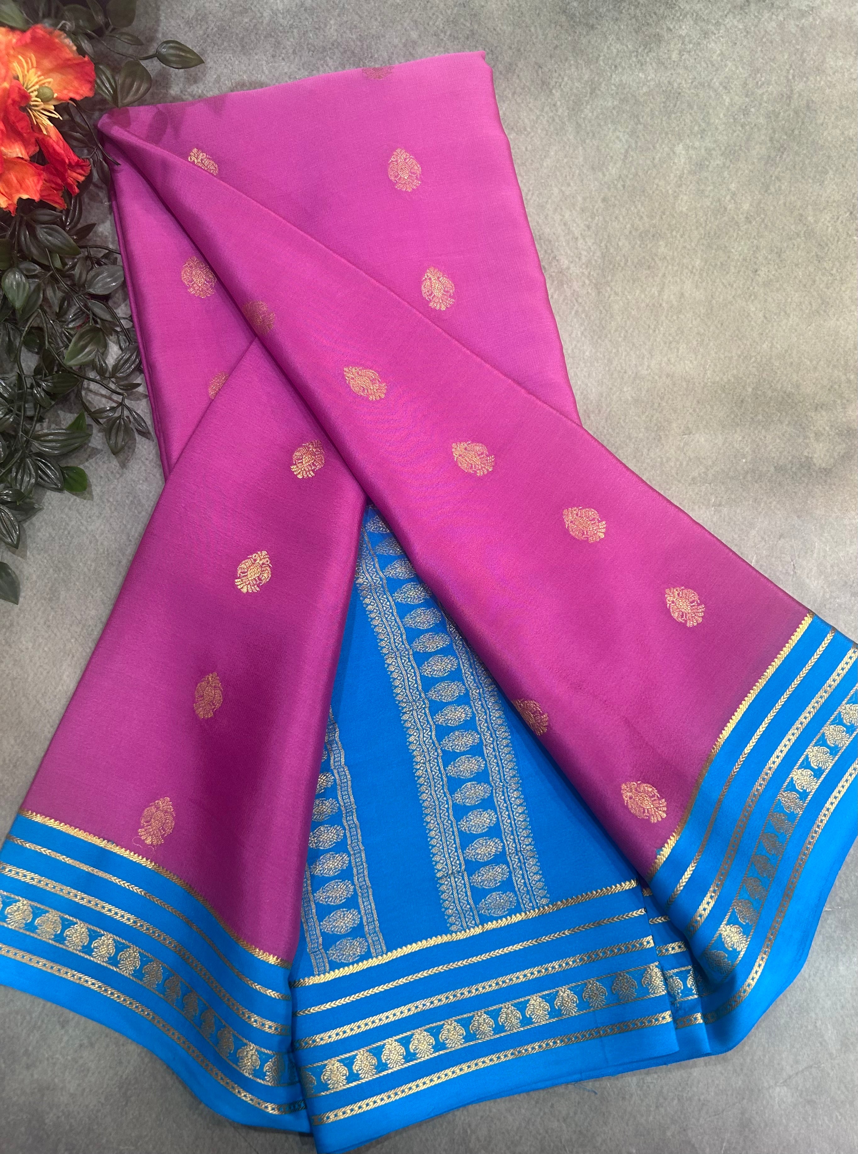 Onion pink stripes border pure Mysore silk 106 saree
