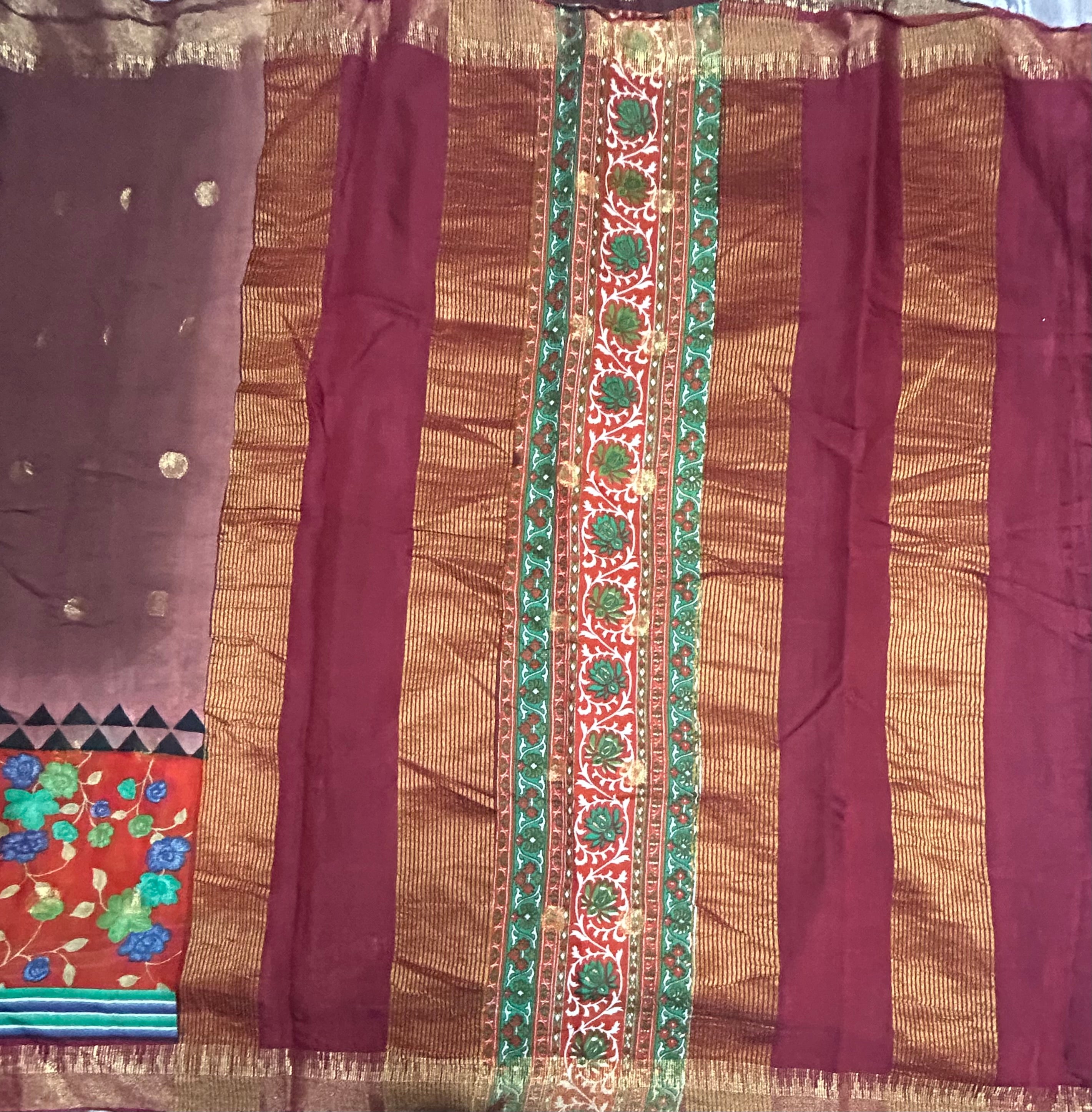 Brown kalamkari border soft Tussar crepe saree