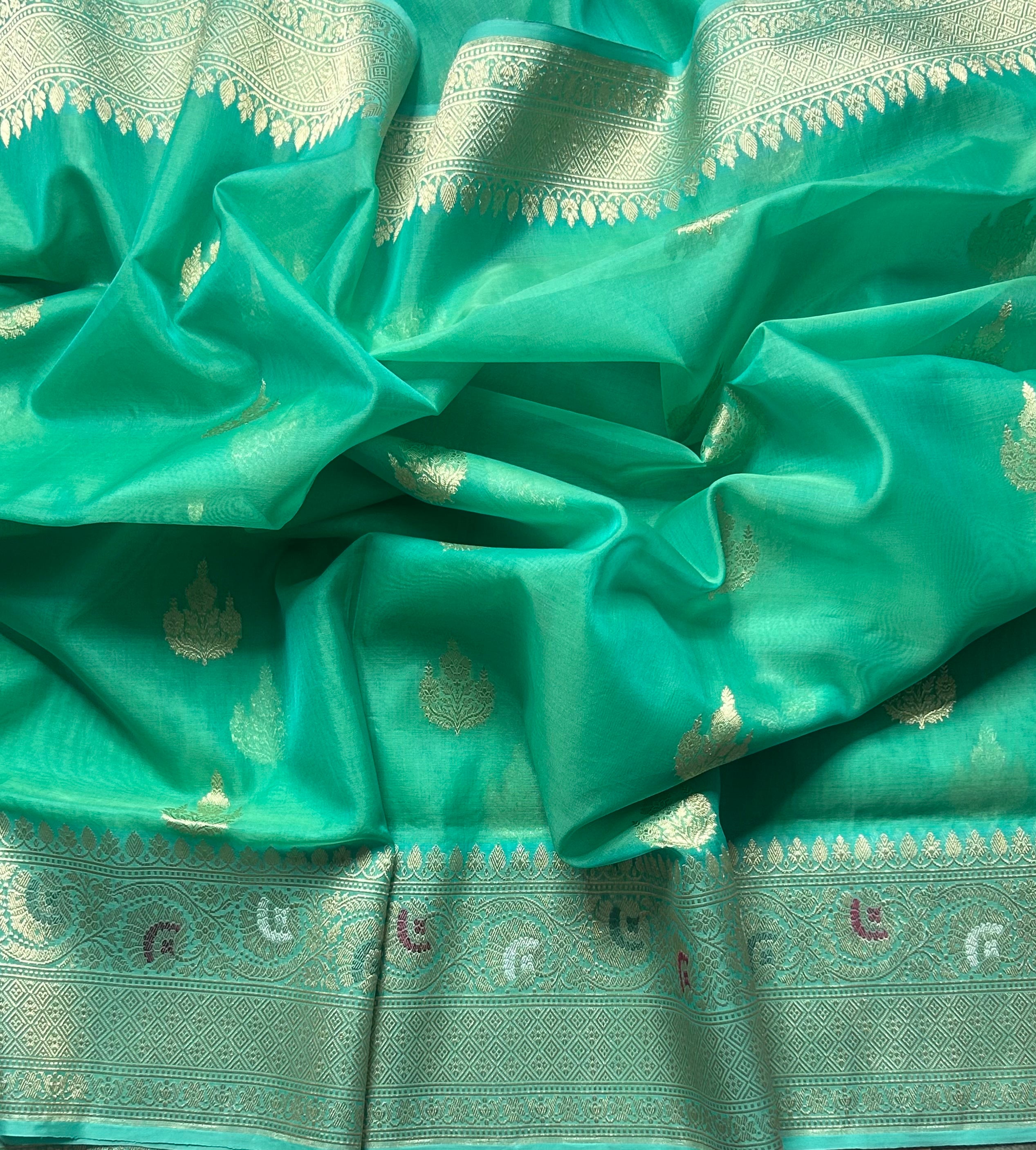 Aqua green pure kora organza handloom  saree