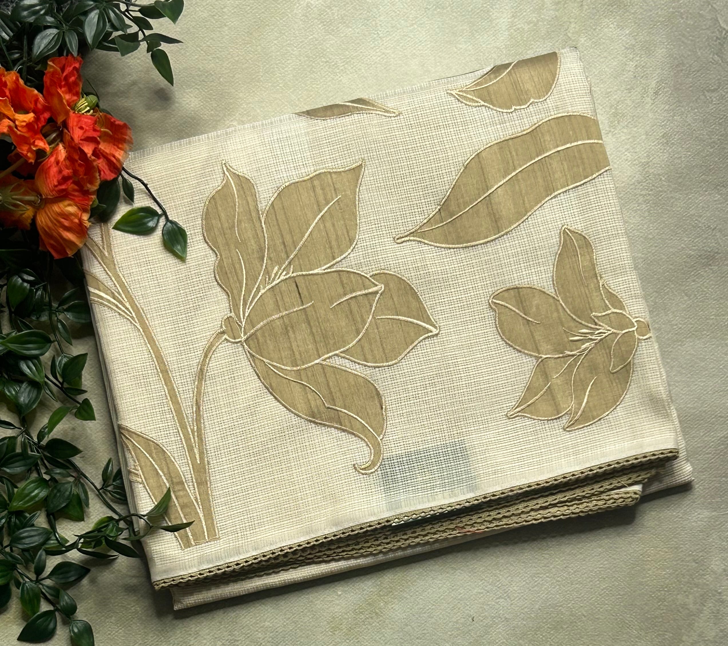 Cream n beige kota checks Appliqué work saree