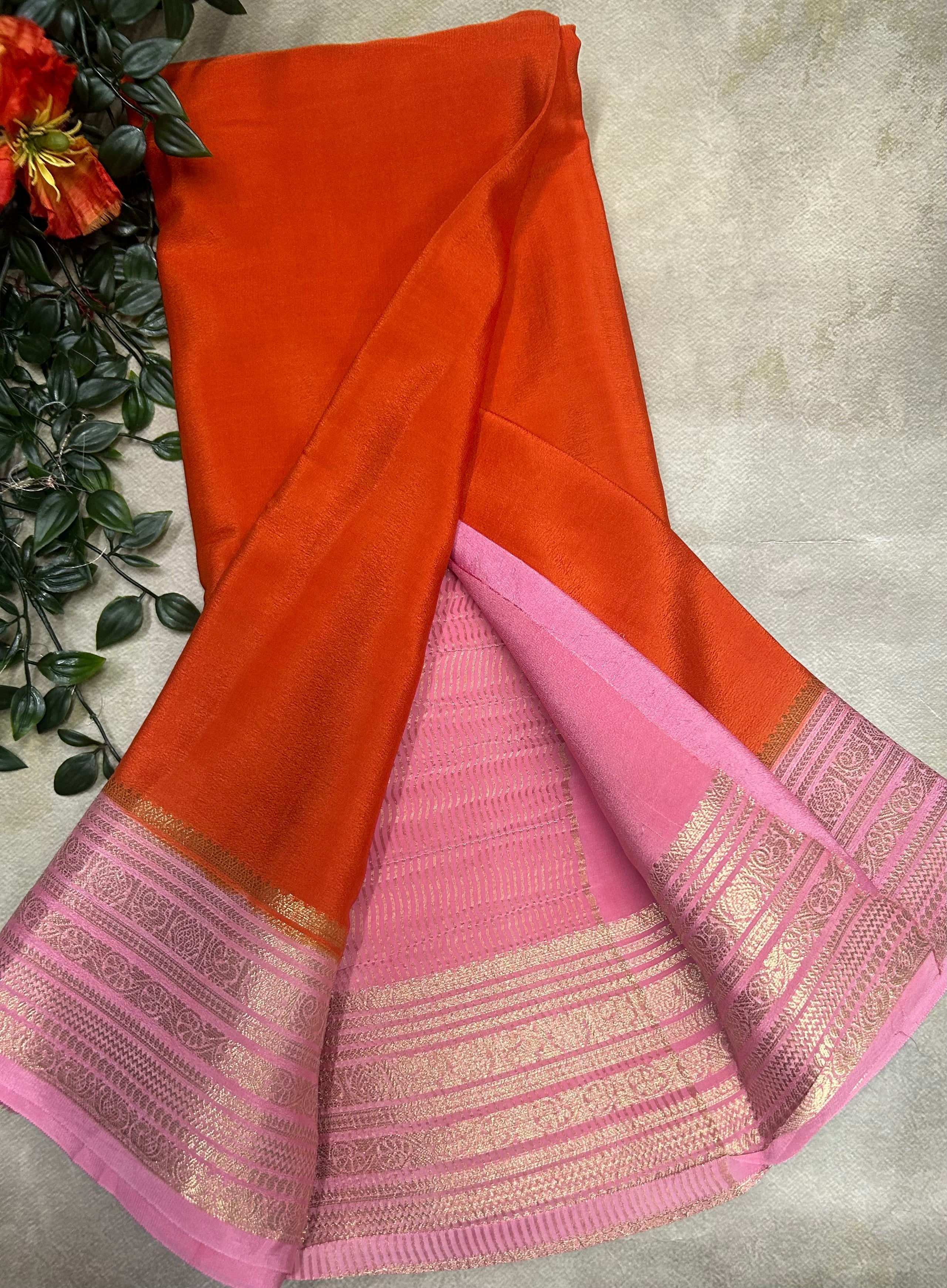 Orange n light pink plain semi Mysore crepe silk 105 saree