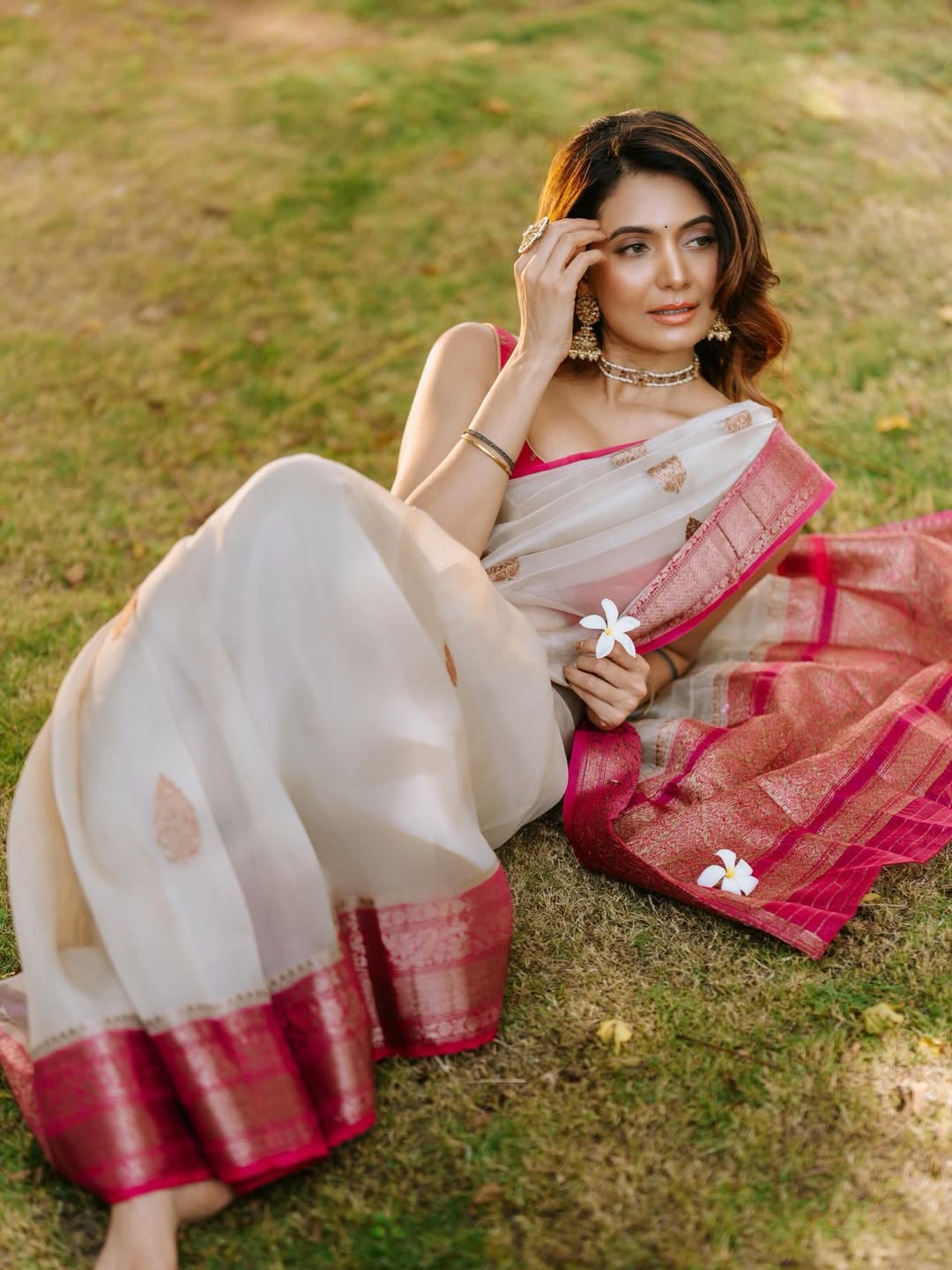 Cream n pink pure kora organza saree