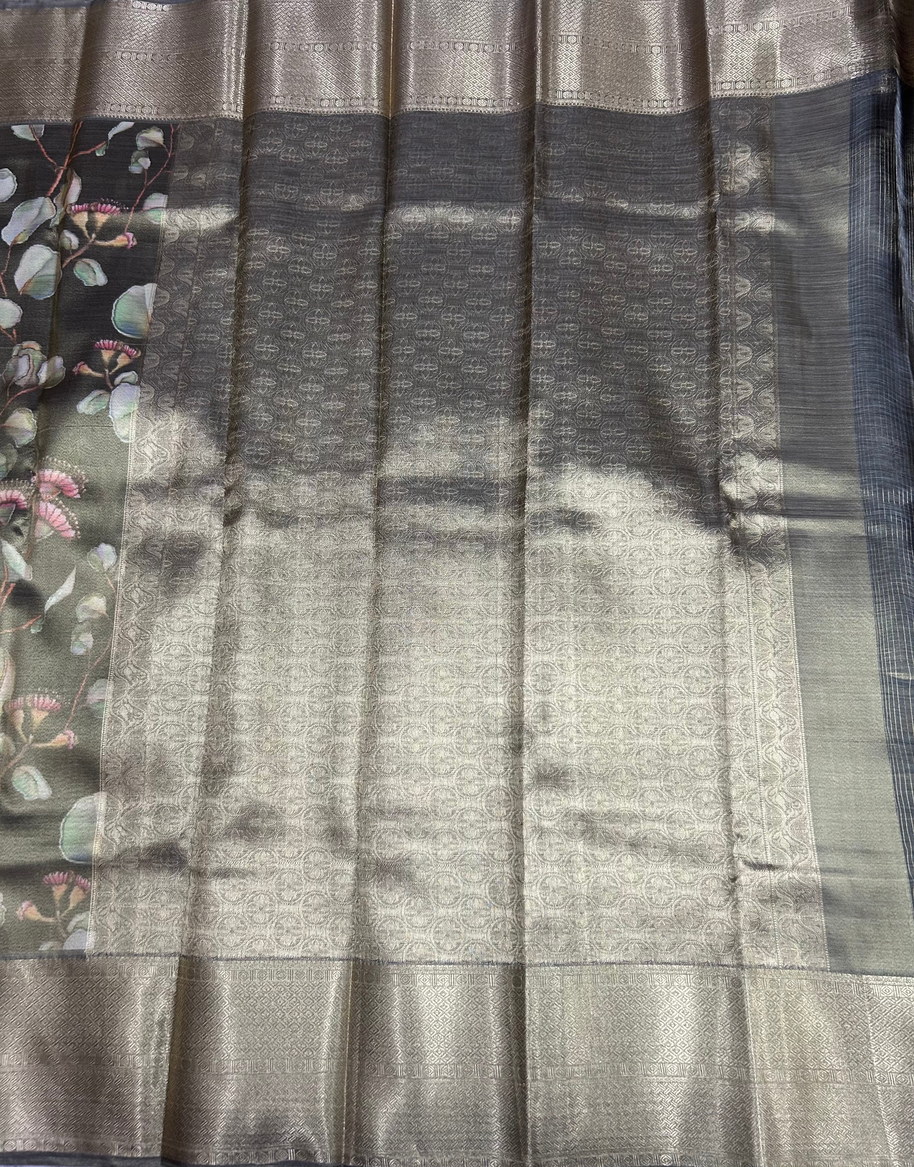 Lite olive green Digital print Semi Kanchi saree
