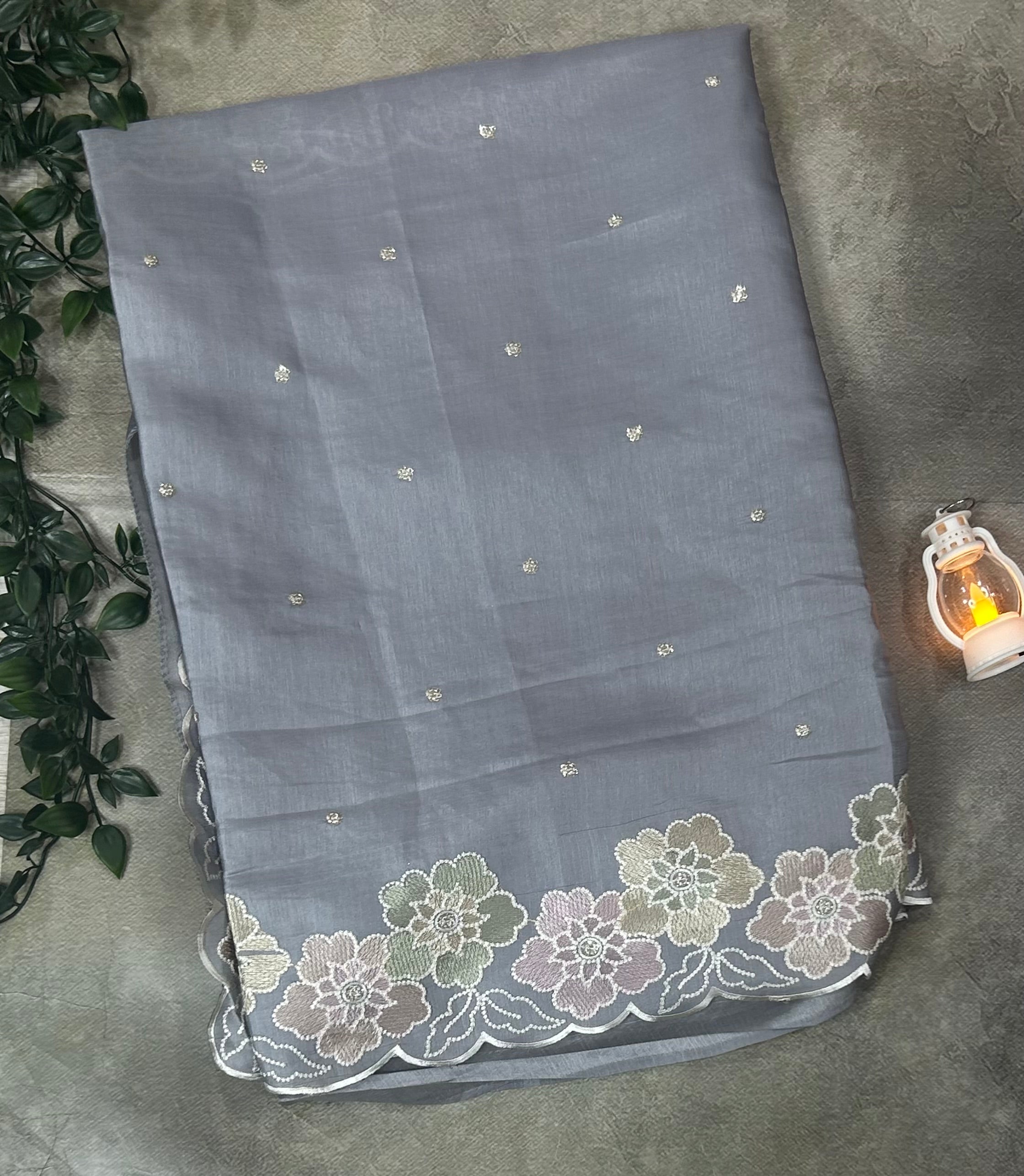 Light grey tussar embrodiery-12 work saree