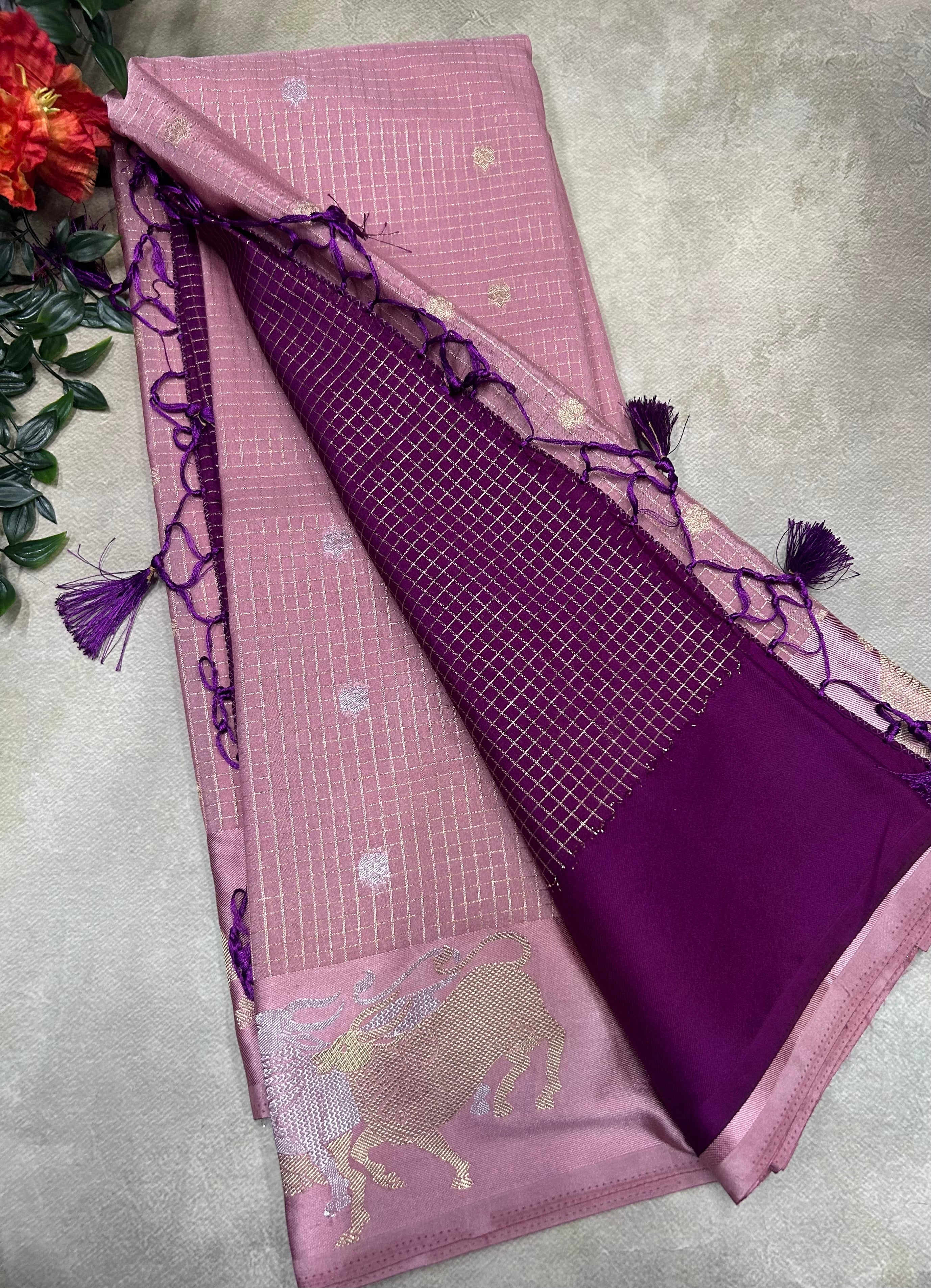 Pastel pink small checks semi Mysore crepe saree(SMC106)