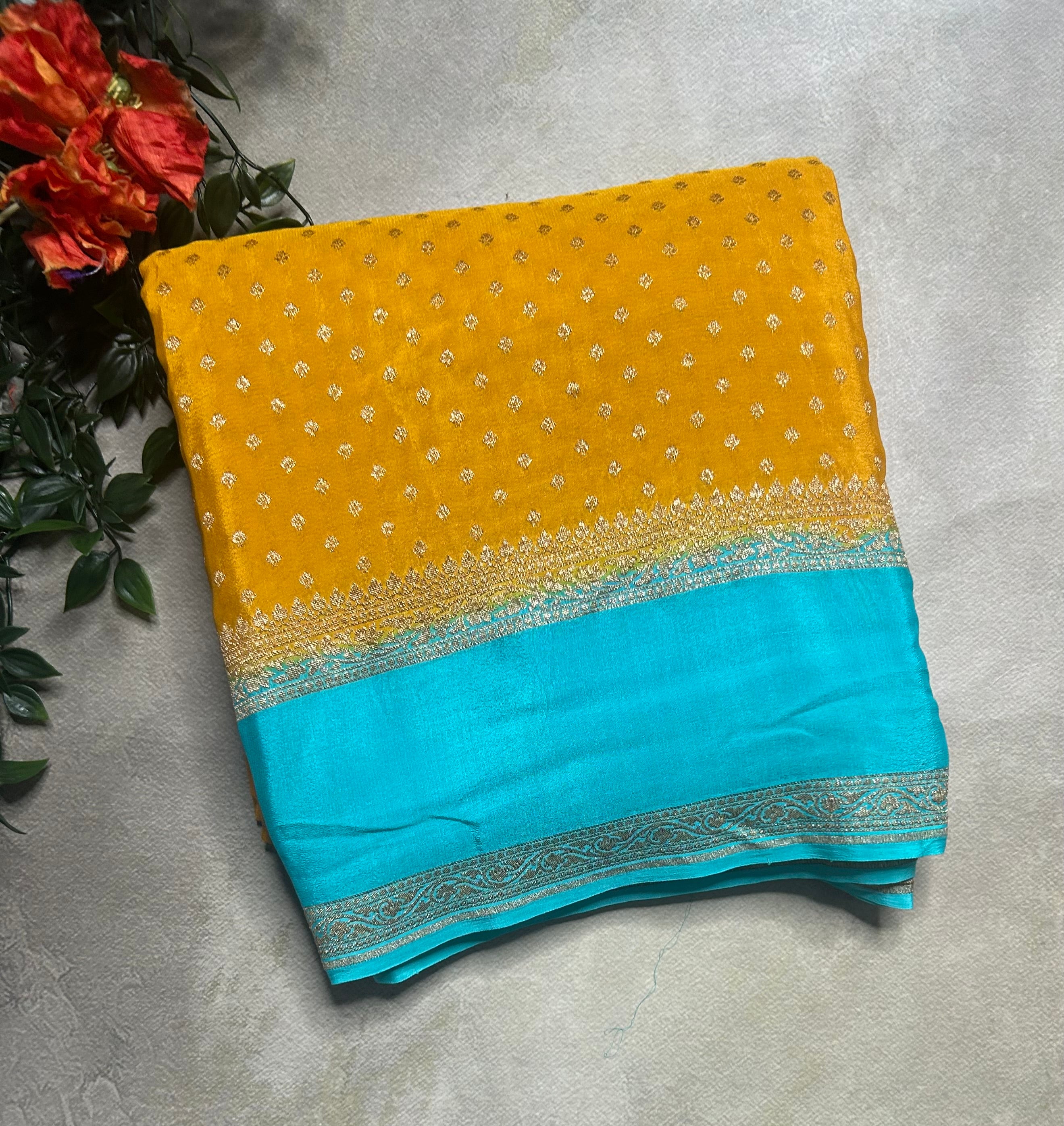 Yellow n blue pure benarasi 103 crepe silk saree