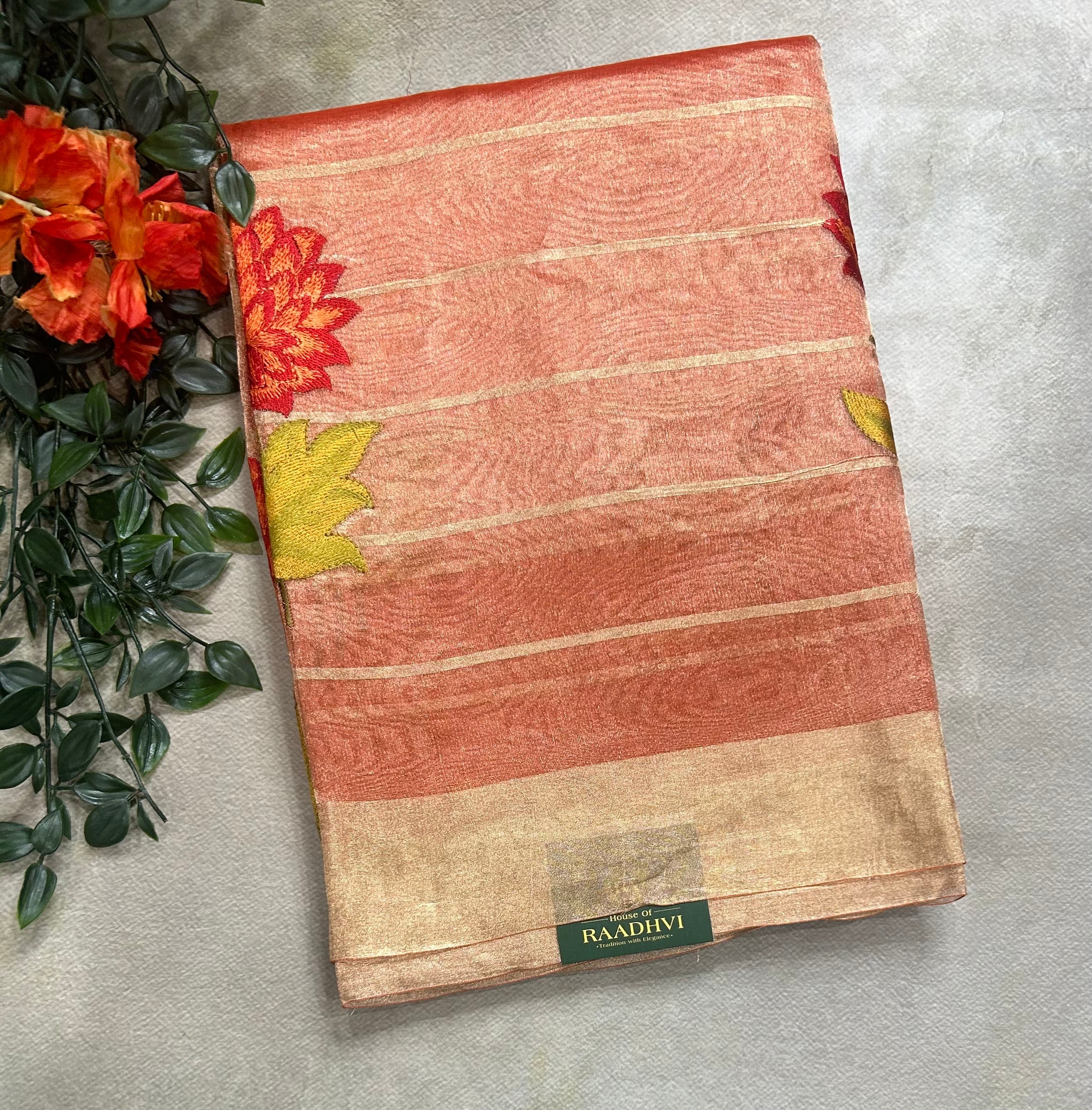 Red floral embroidery work pure tissue organza 105 saree