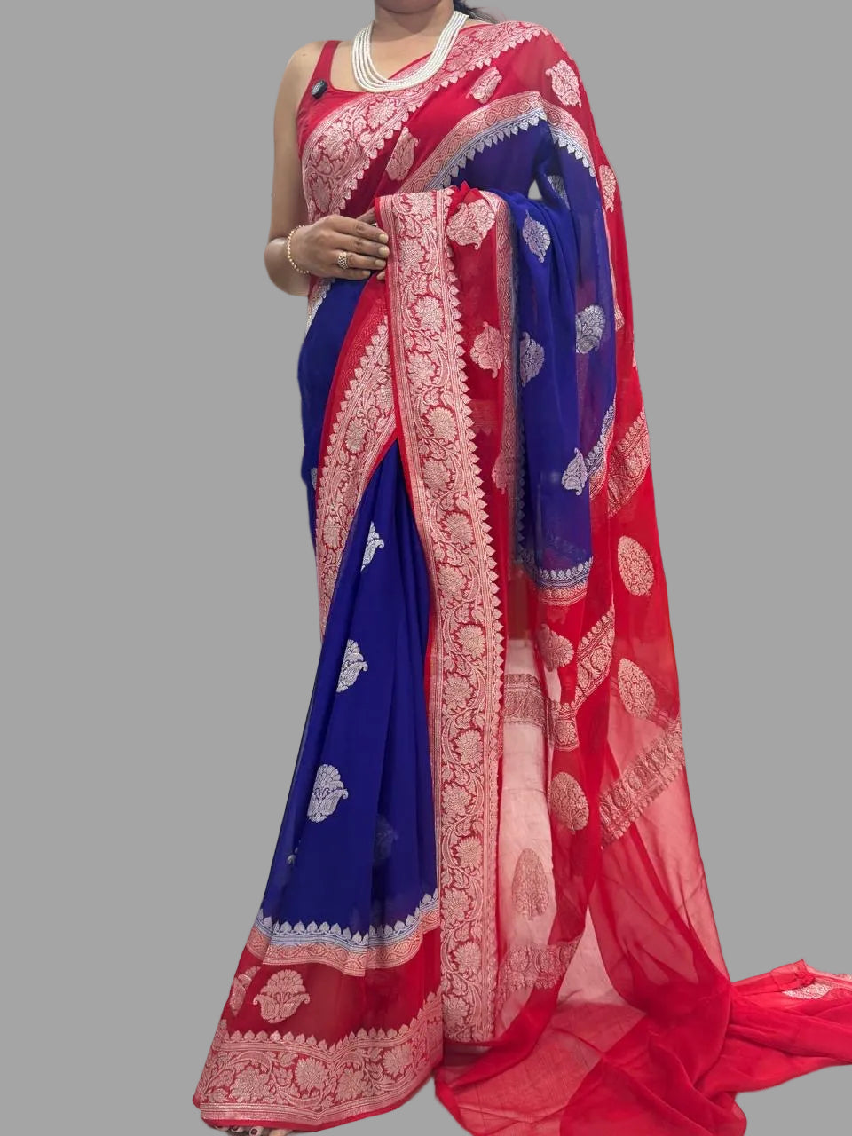 Blue n red benarasi double border pure chiffon saree
