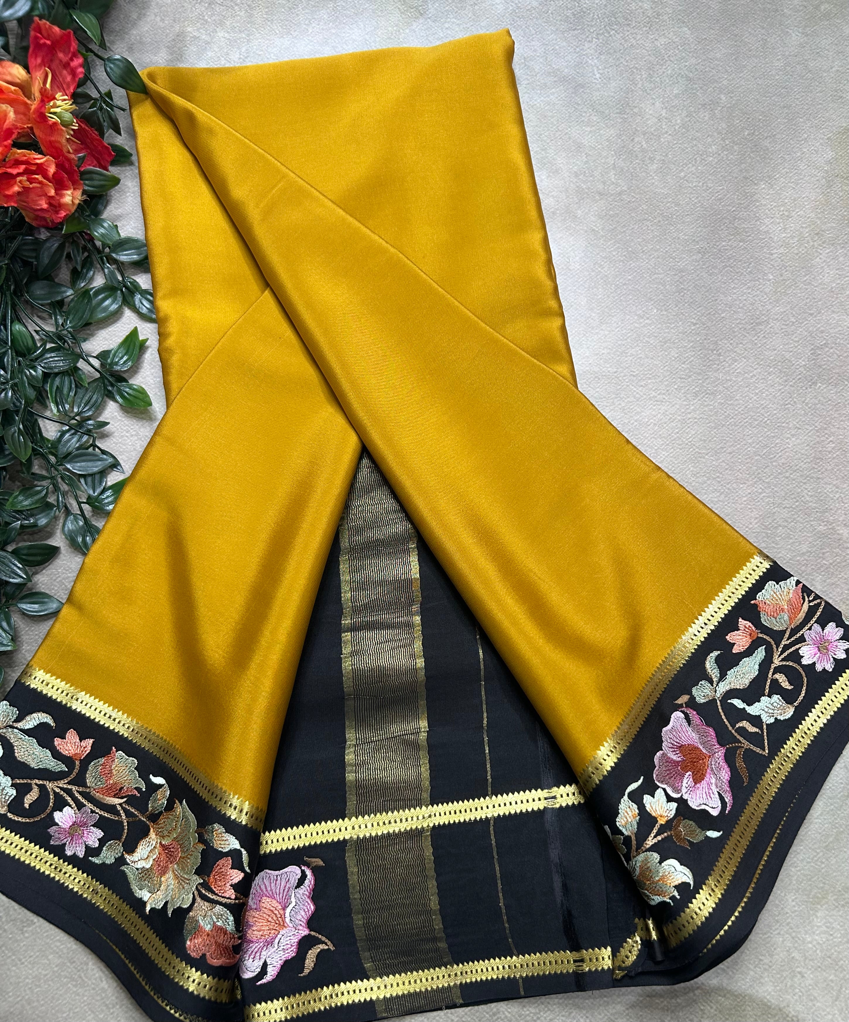 Dark mustard Yellow embroidery border pure mysore silk saree(YMS106)