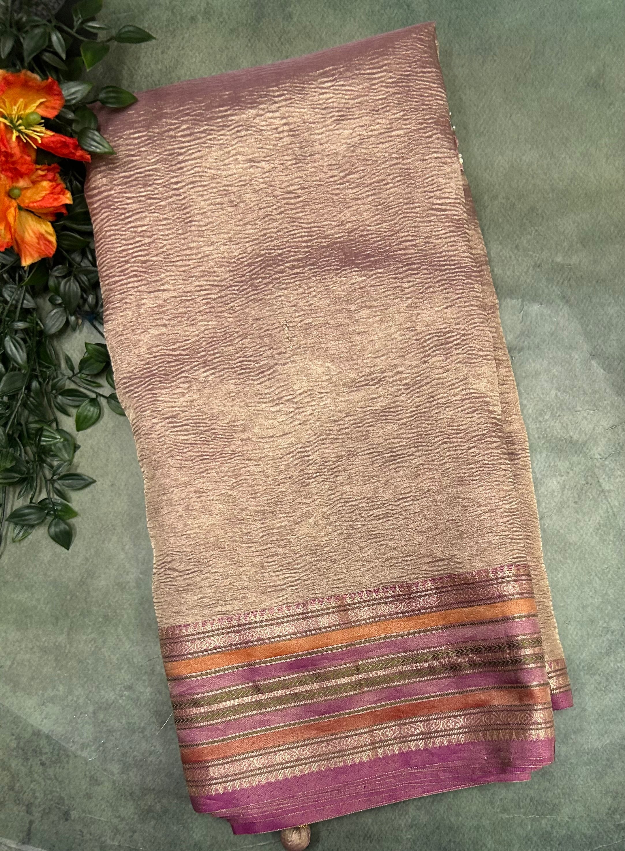 Pink crush tissue embroidery work saree