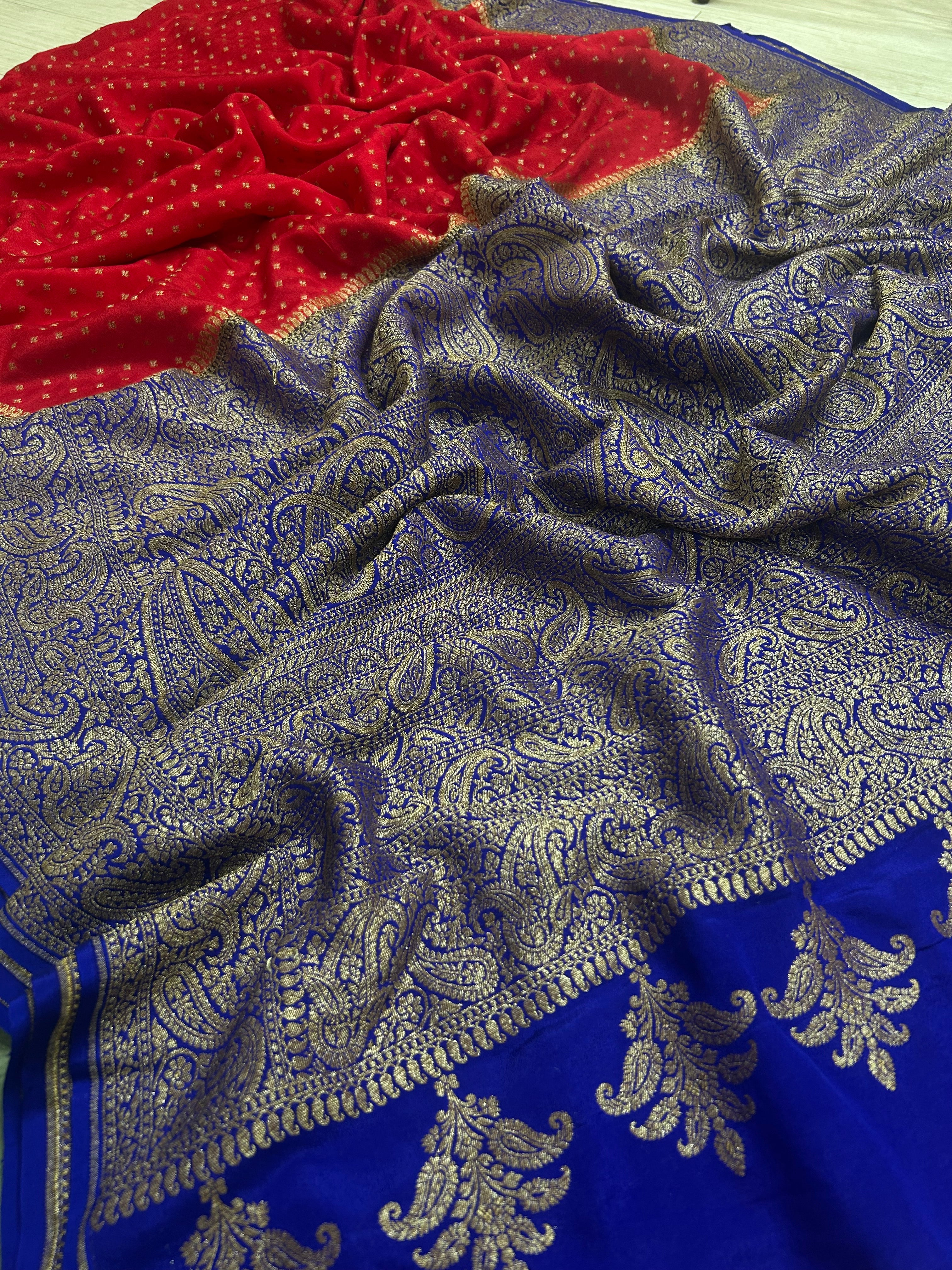 Red n royal blue small Butta pure Benarasi crepe 104 saree