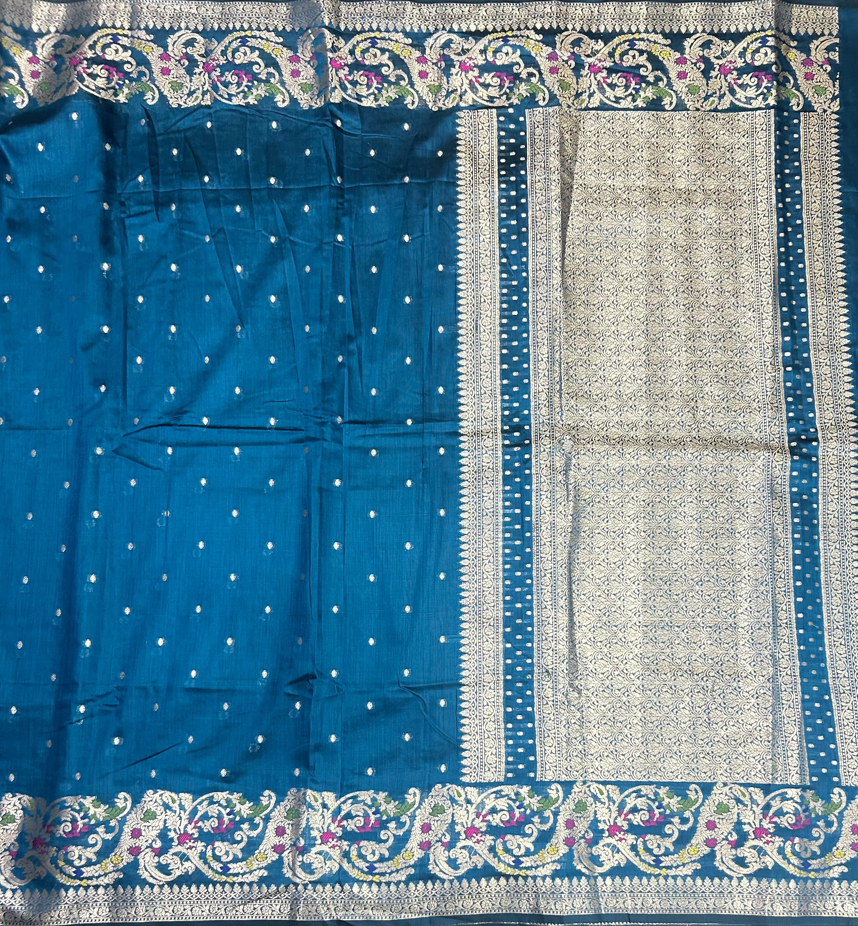 Peacock blue Meena border semi silk saree