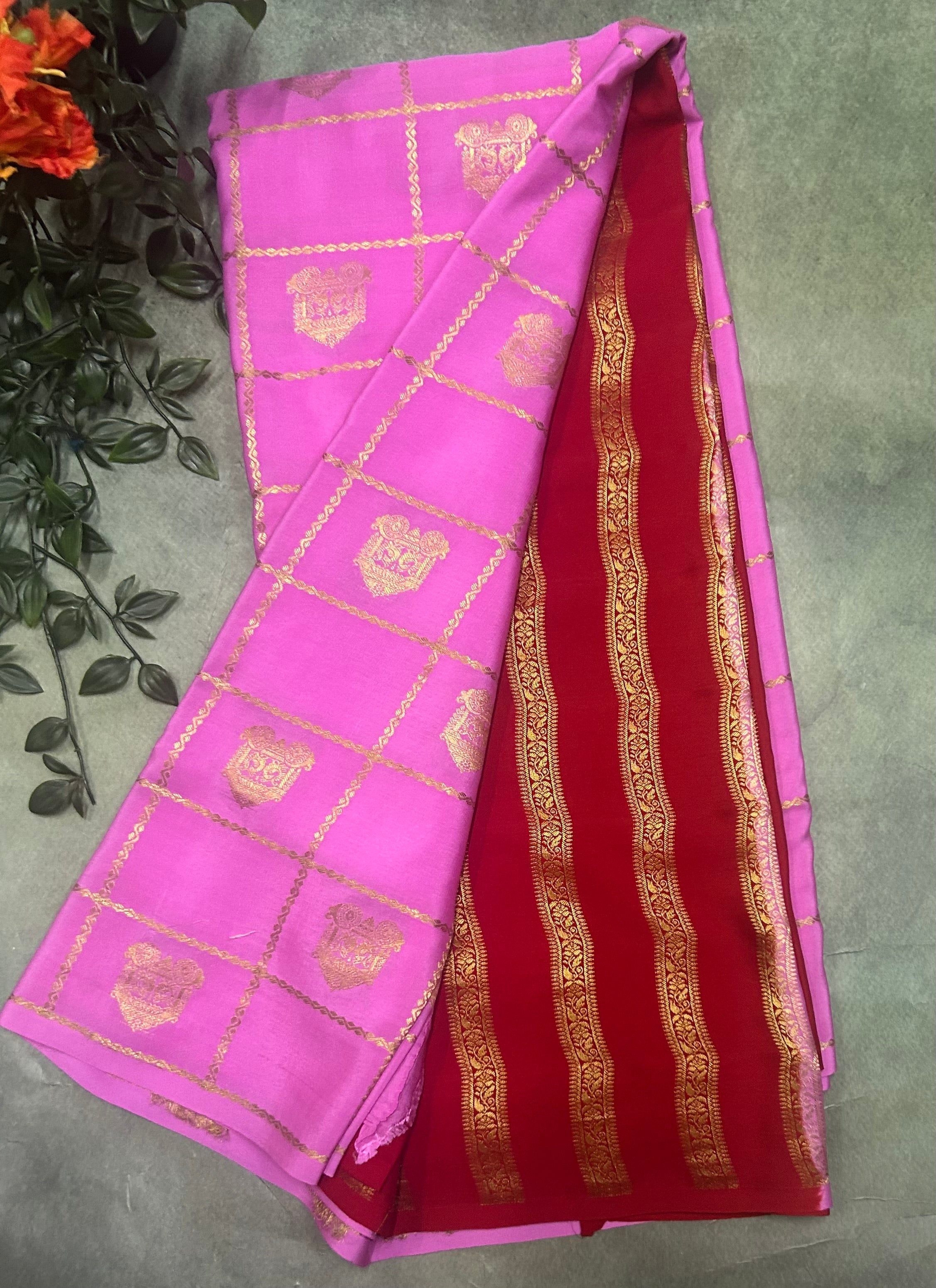 Light pink contrast ST checks borderless pure mysore silk-105 saree