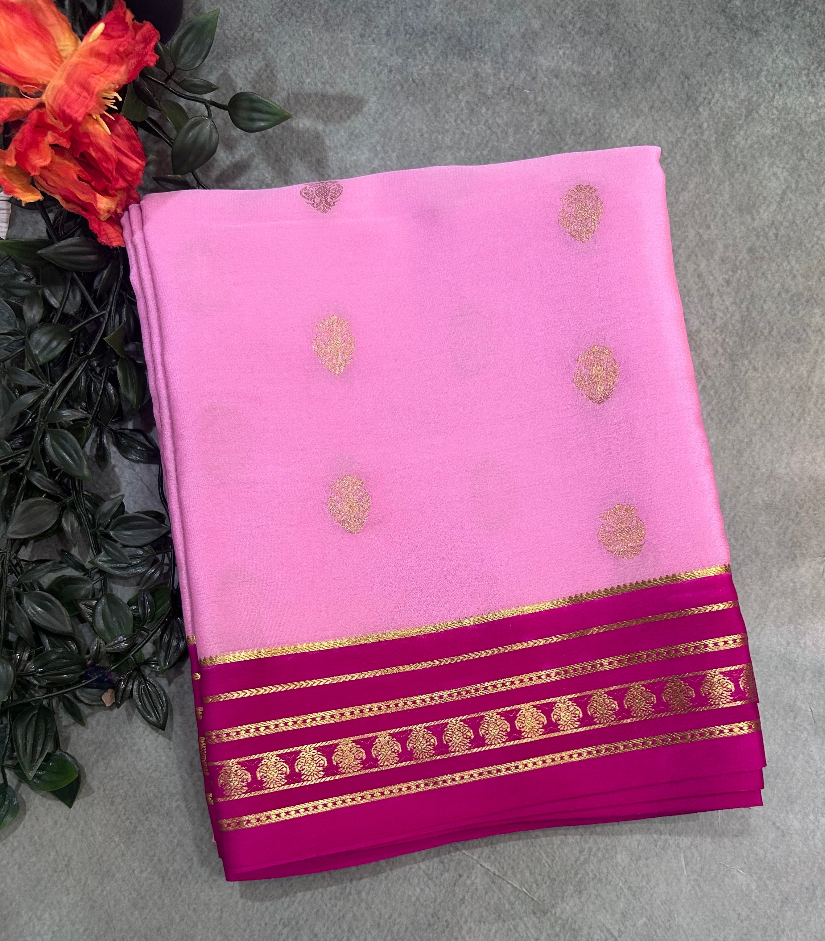 Pastel pink stripes border pure Mysore silk 106 saree