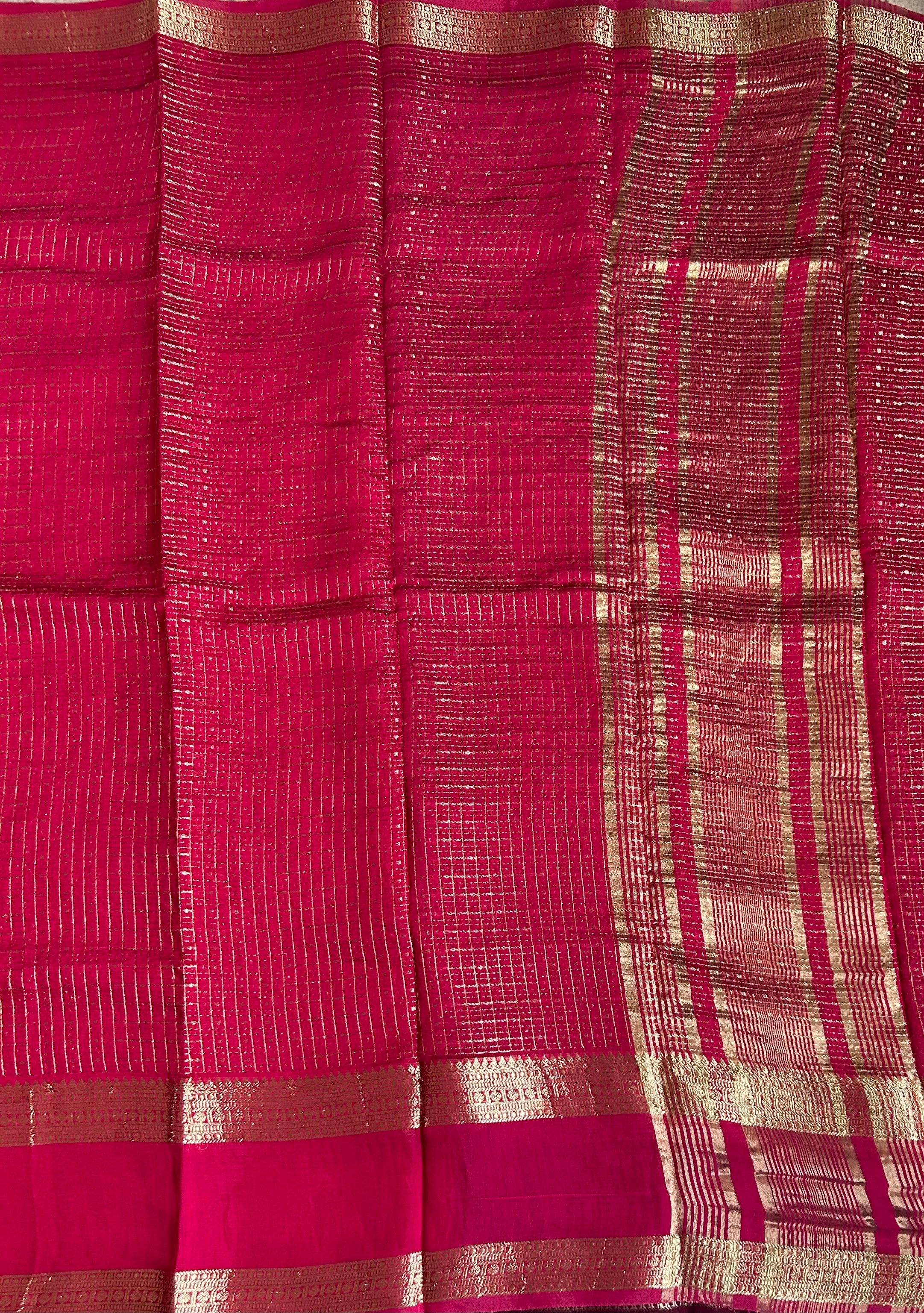 Rani pink small checks soft Tussar 03 crepe saree