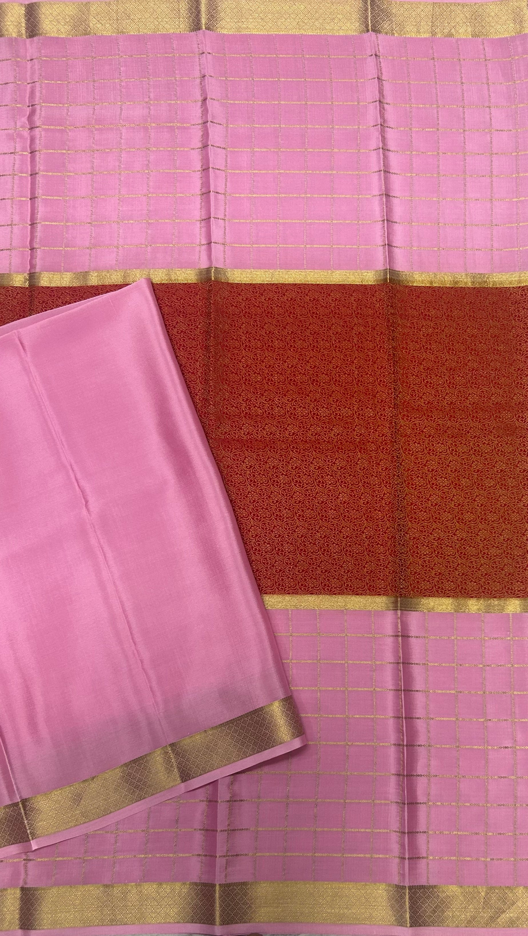 Pastel pink n red pure Mysore crepe silk 103 saree