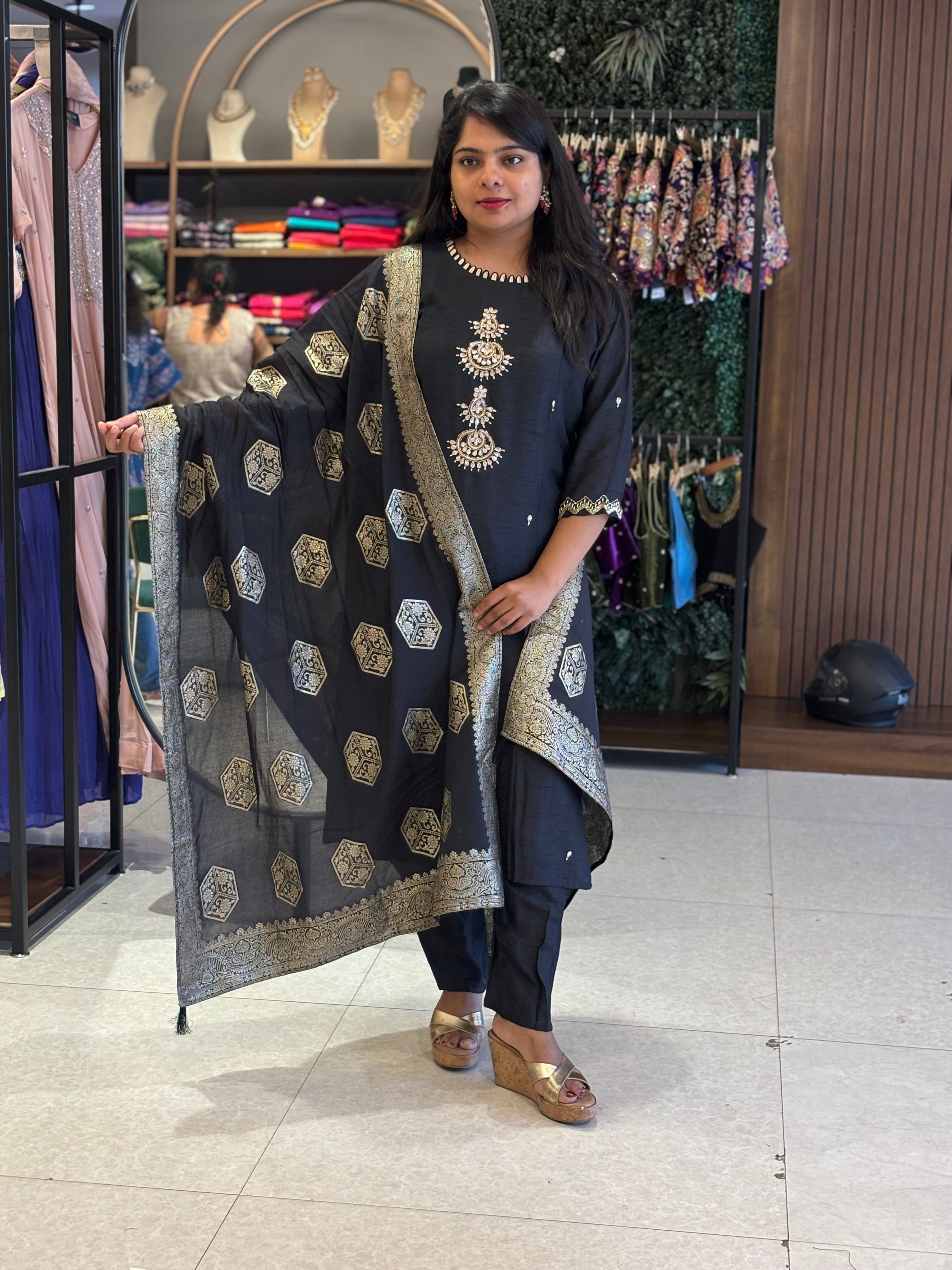 Black Dola Silk Handwork Straight Fit Kurtha 49