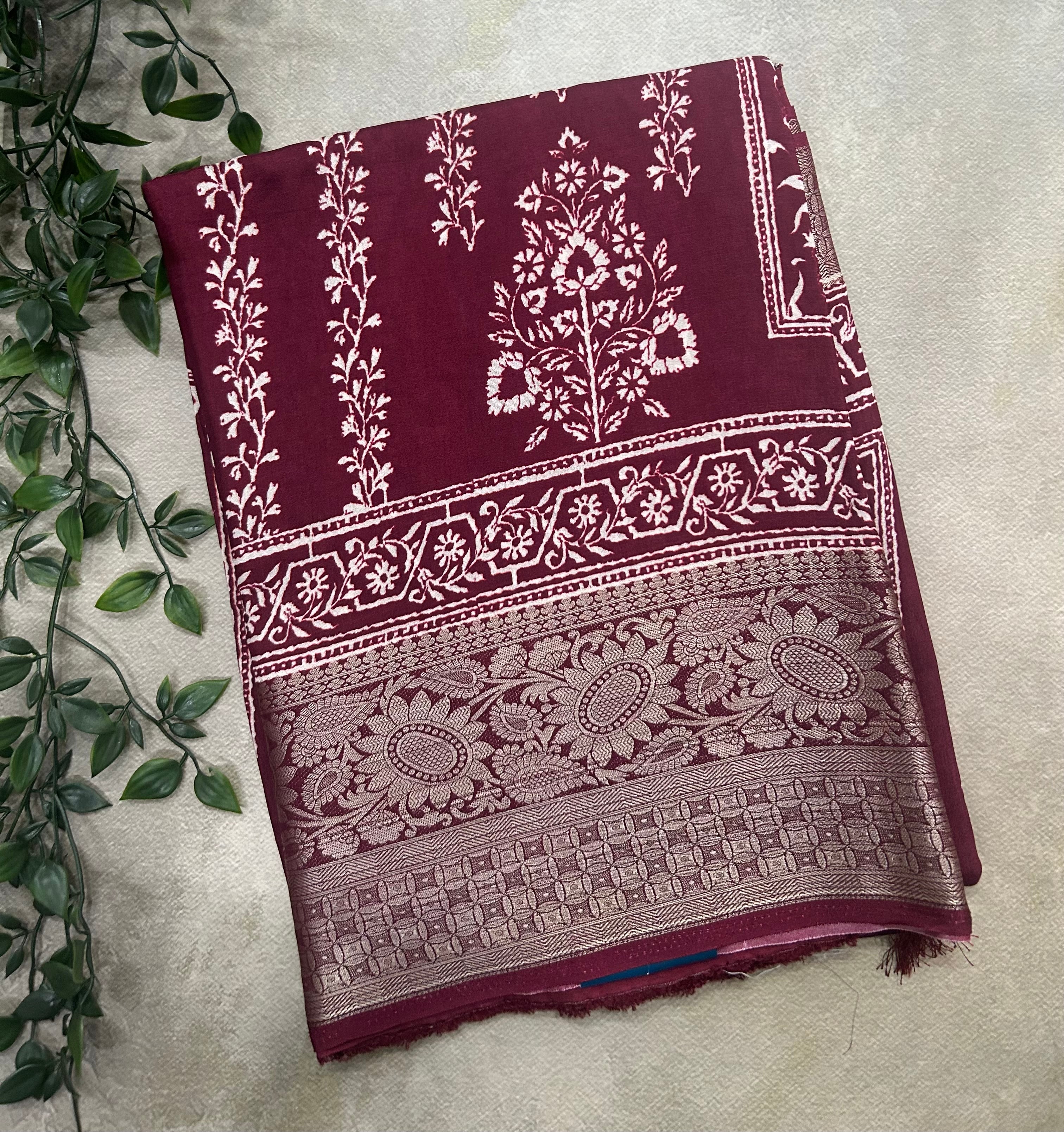 Dark maroon digital print soft Tussar saree