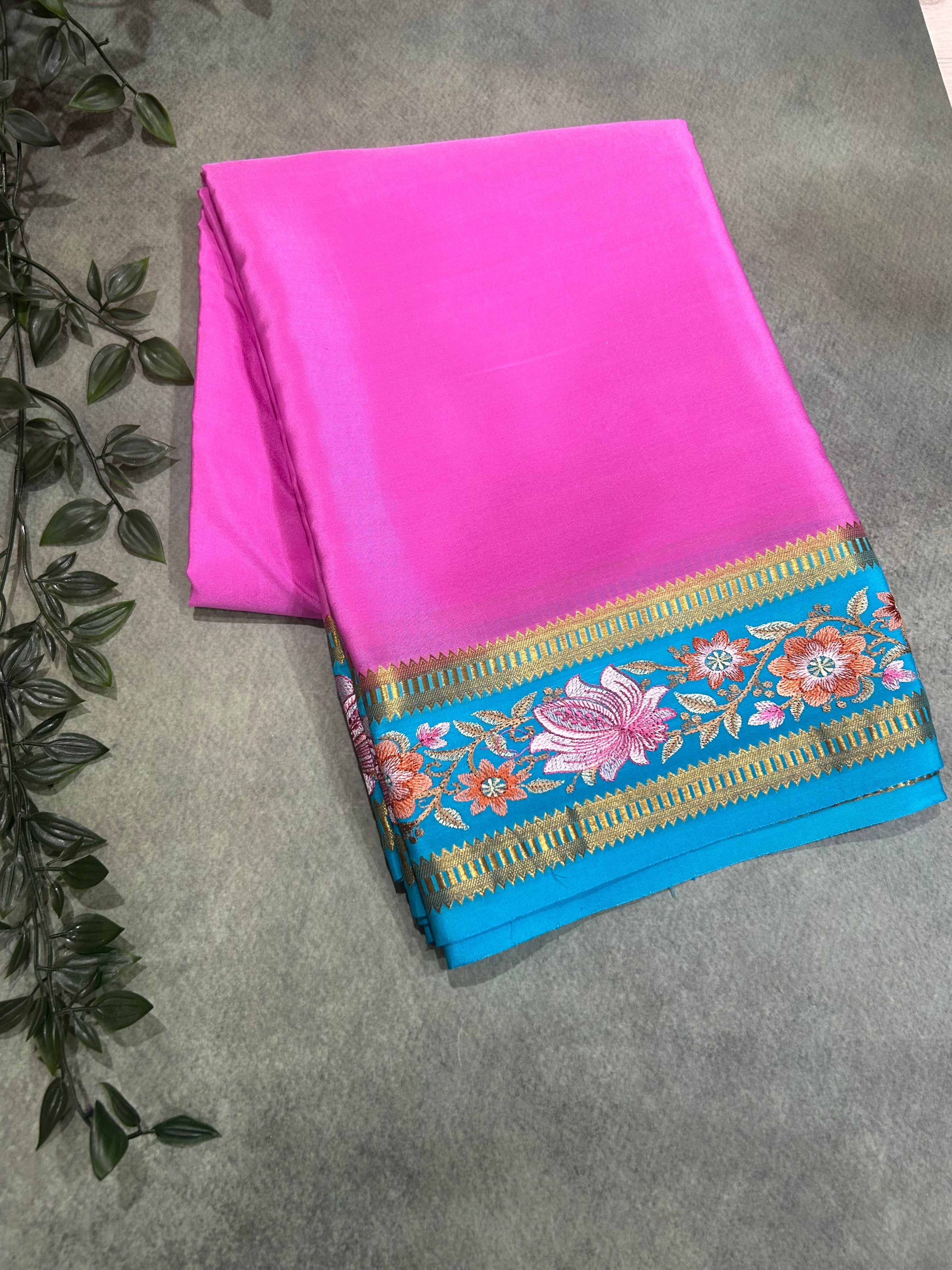 Pastel  pink n sky blue embroidered pure mysore crepe-12 silk saree