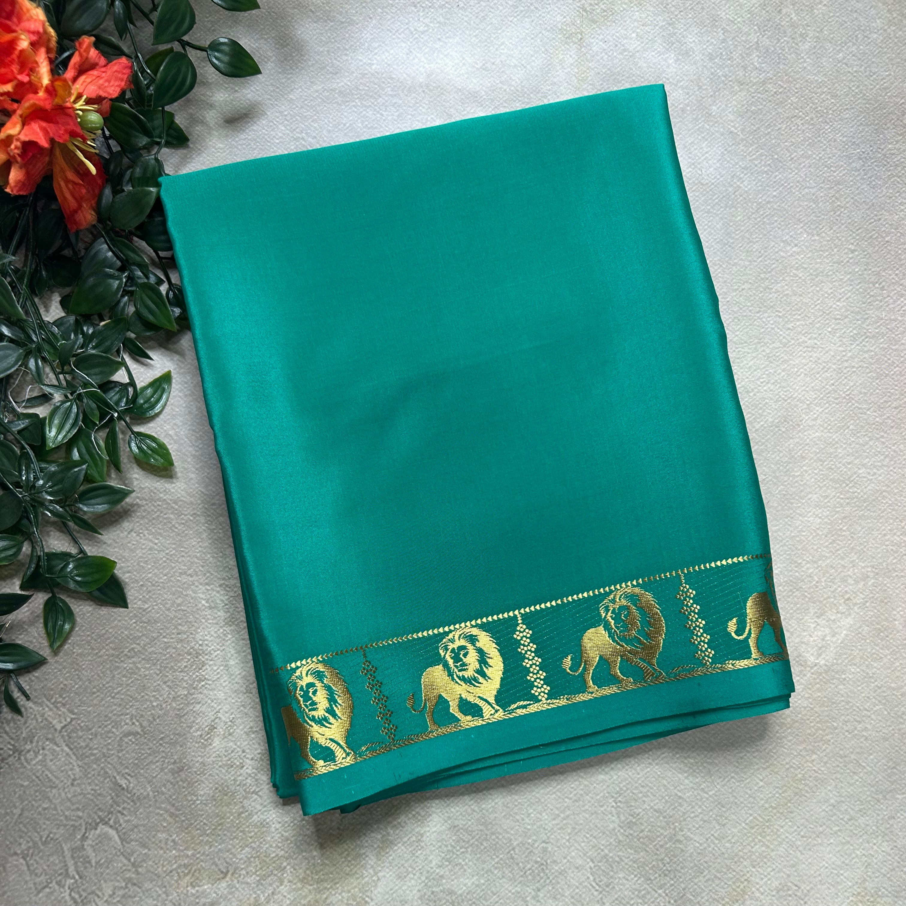 Rama green lion border pure Mysore silk 105 saree