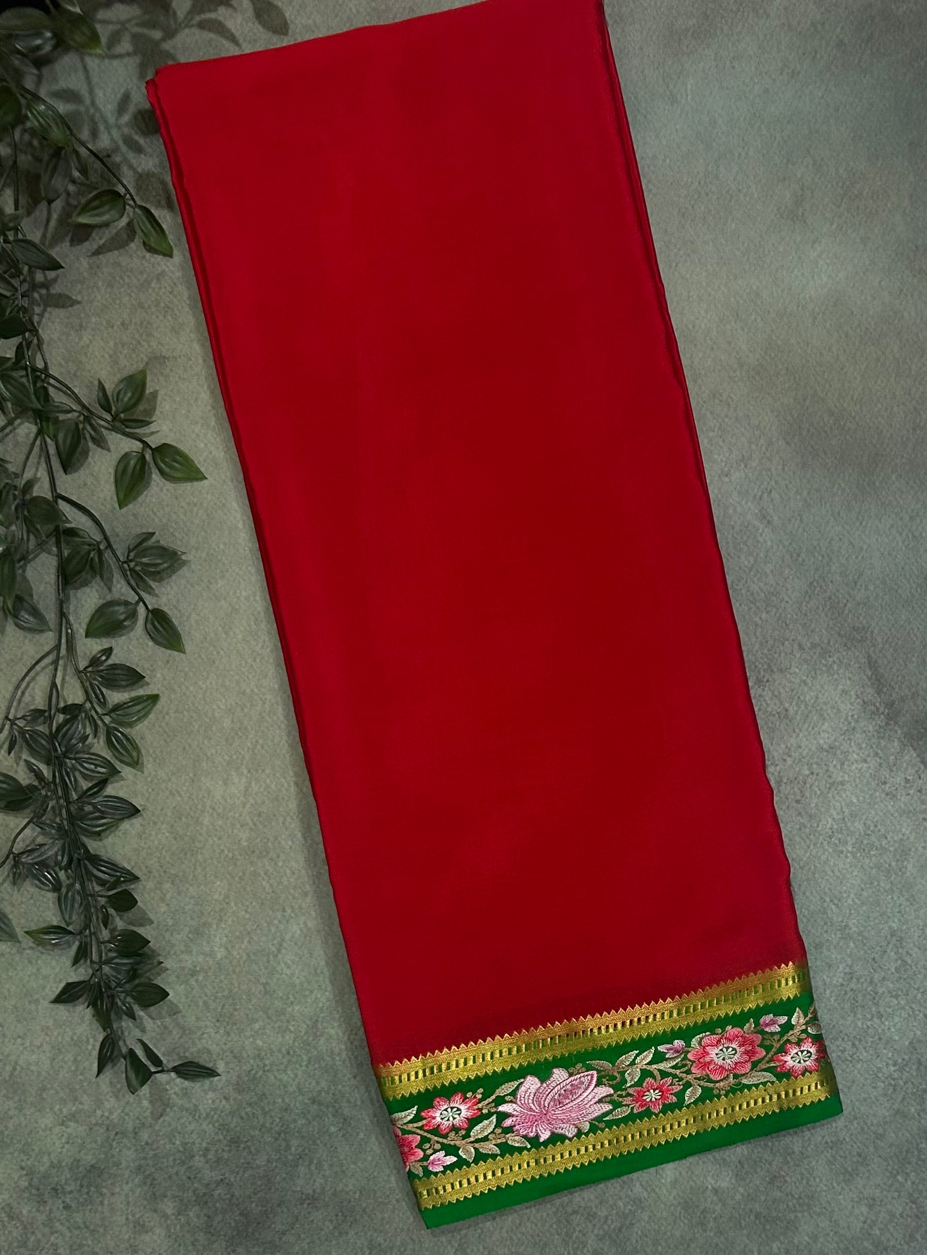 Red n green embroidered pure mysore crepe-12 silk saree