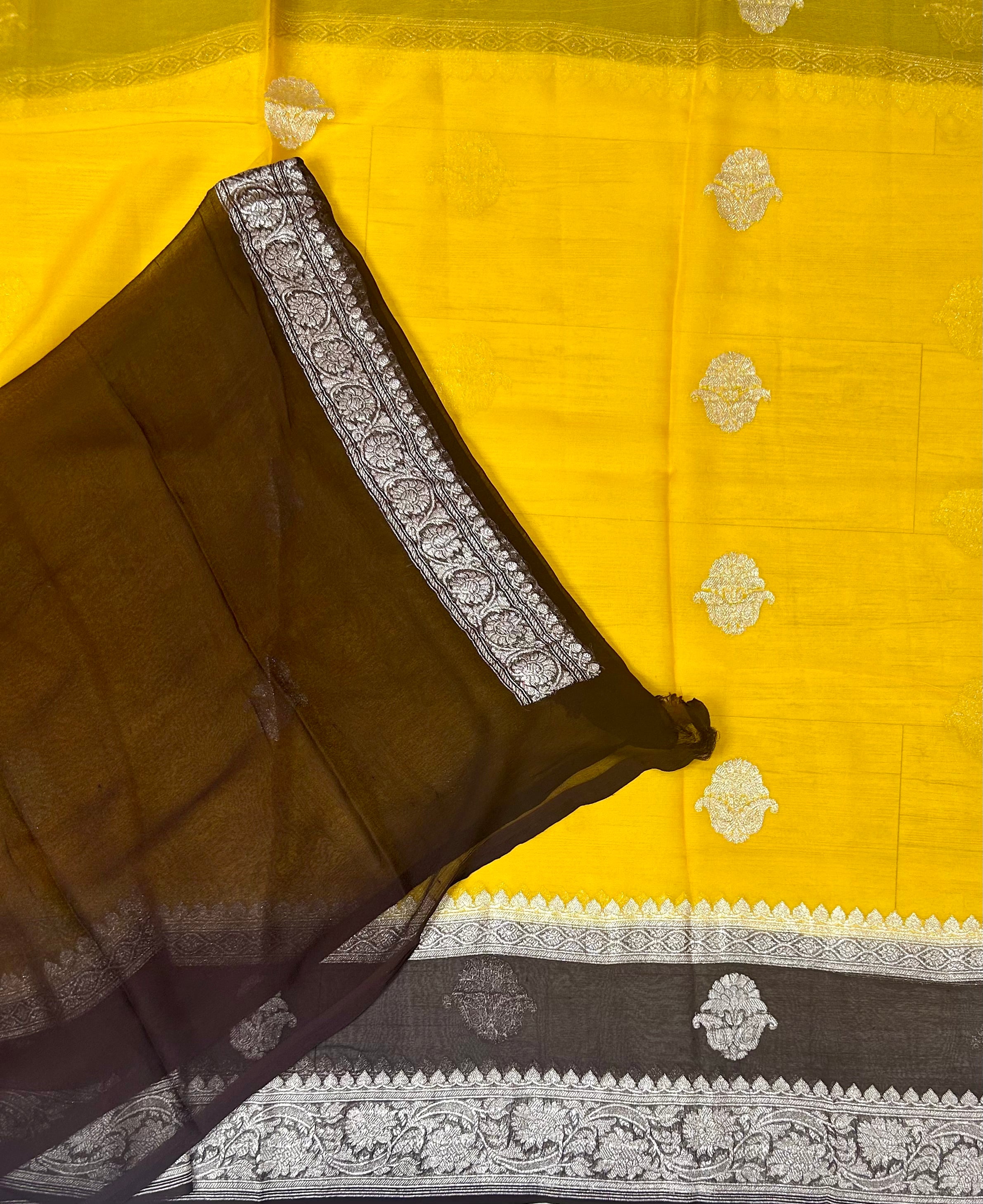 Bright yellow n dark brown benarasi double border pure chiffon saree