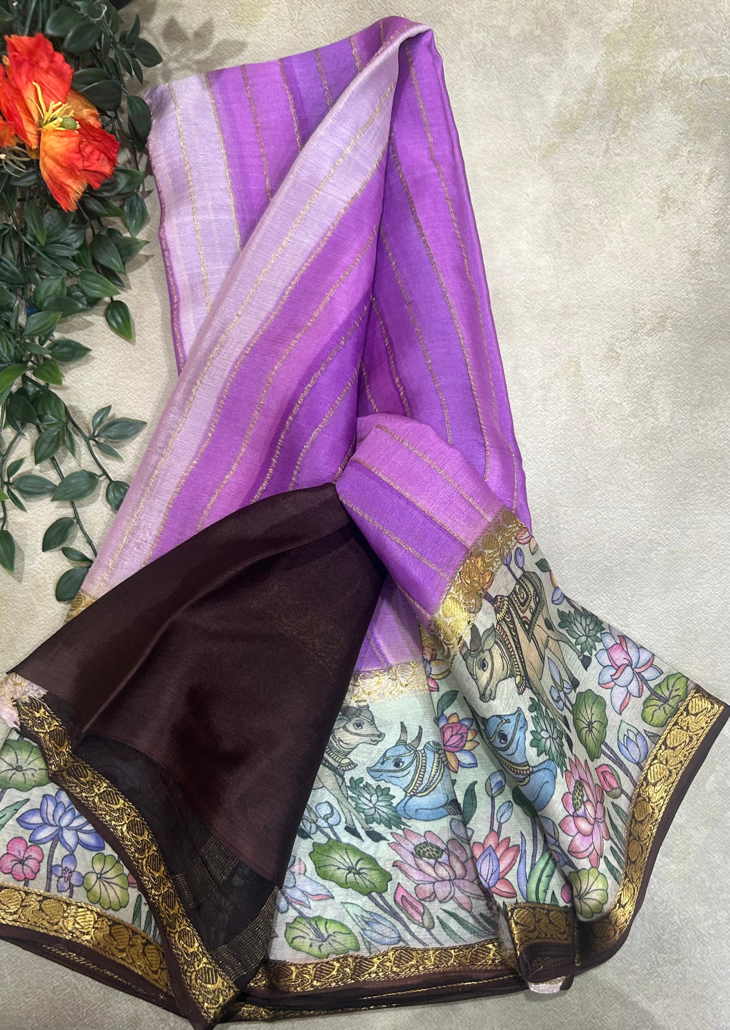 Rankart kalamkari border pure wrinkle 103 crepe silk saree